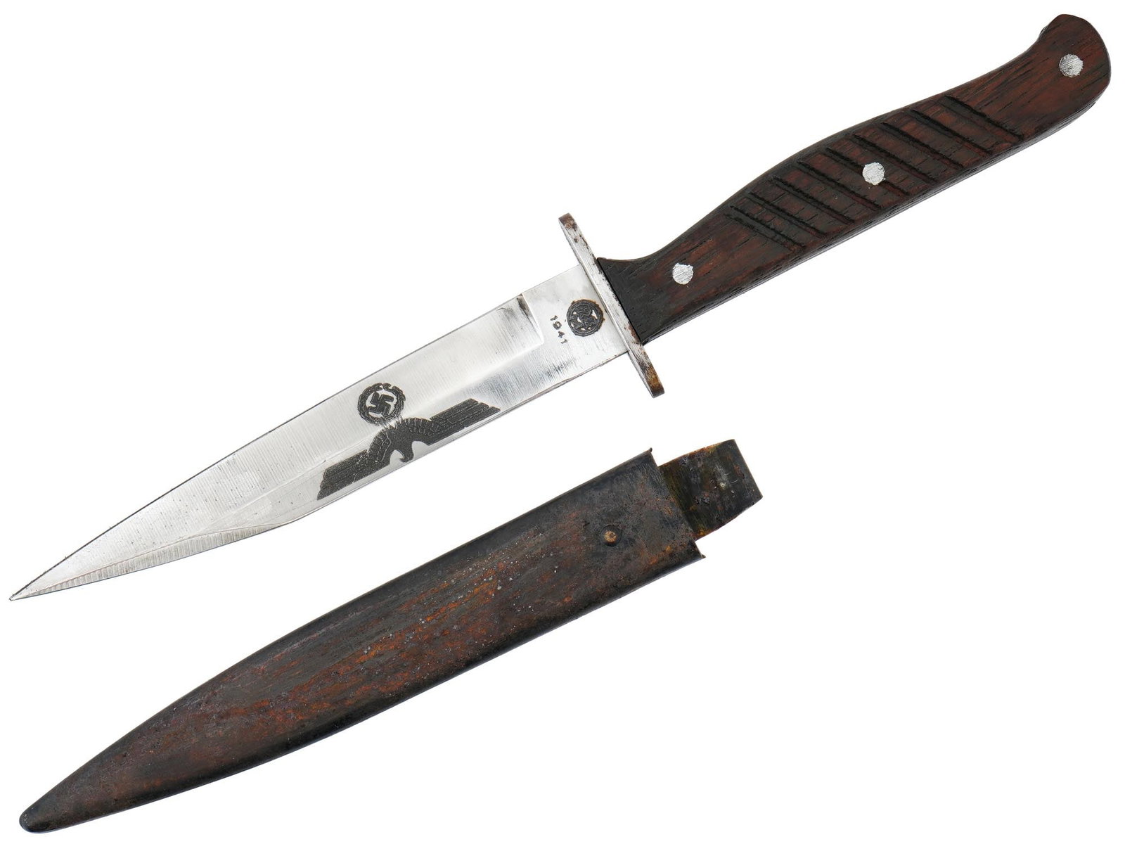 WWII TYPE NAZI SS GERMAN BOOT KNIFE WITH SCABBARD: A WWII type Nazi German boot knife with a brown wooden handle and a clip back steel scabbard. Marked with an engraved image of an eagle holding a swastika and 1941. On the other side an inscription Me