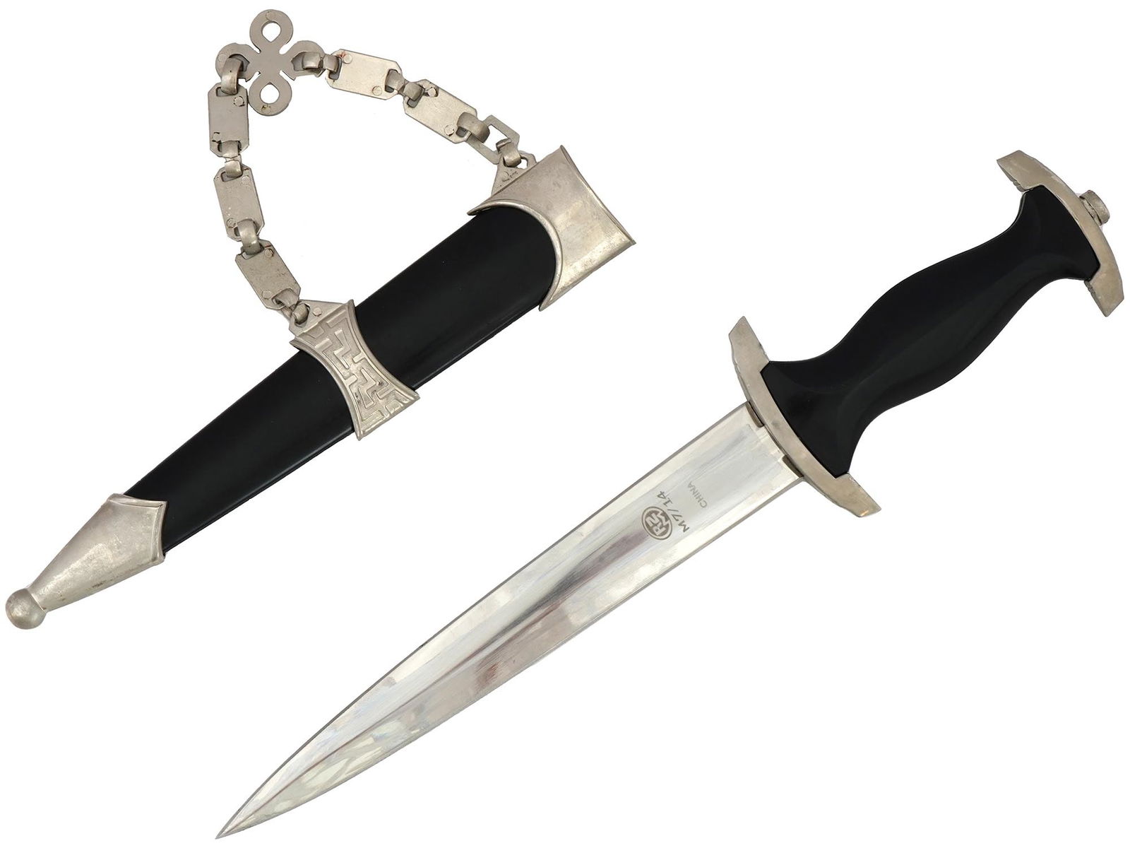 WWII MODEL GERMAN SS OFFICERS DAGGER IN SHEATH: A model of a World War II era German SS officers dagger. Stainless steel blade with etched motto Meine Ehre heisst Treue, My Honor is Loyalty. Marked RZM M7-14, China. Black leather grip with crossgua