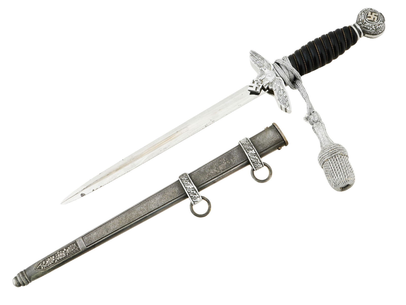 WWII GERMAN LUFTWAFFE OFFICER DAGGER ERNST PACK SOHNE: A Second World War funeral variant Luftwaffe Officer dagger by Ernst Pack and Sohne. Features a cross guard modeled as an eagle with spread wings clutching a swastika, the pommel shows relief oak leav