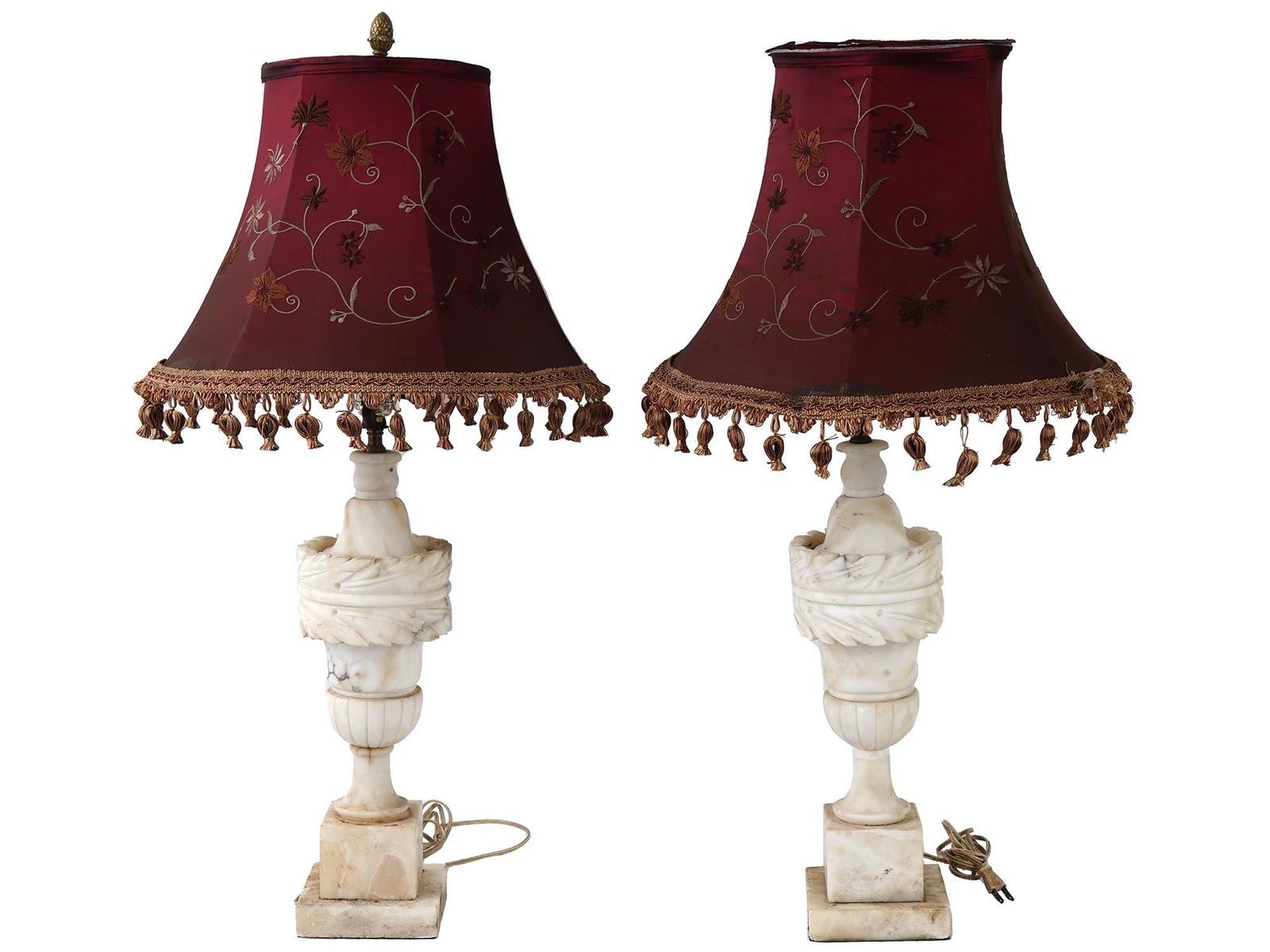 PAIR OF EUROPEAN MARBLE DESK LAMPS EMBROIDERED SHADES (1 of 7)