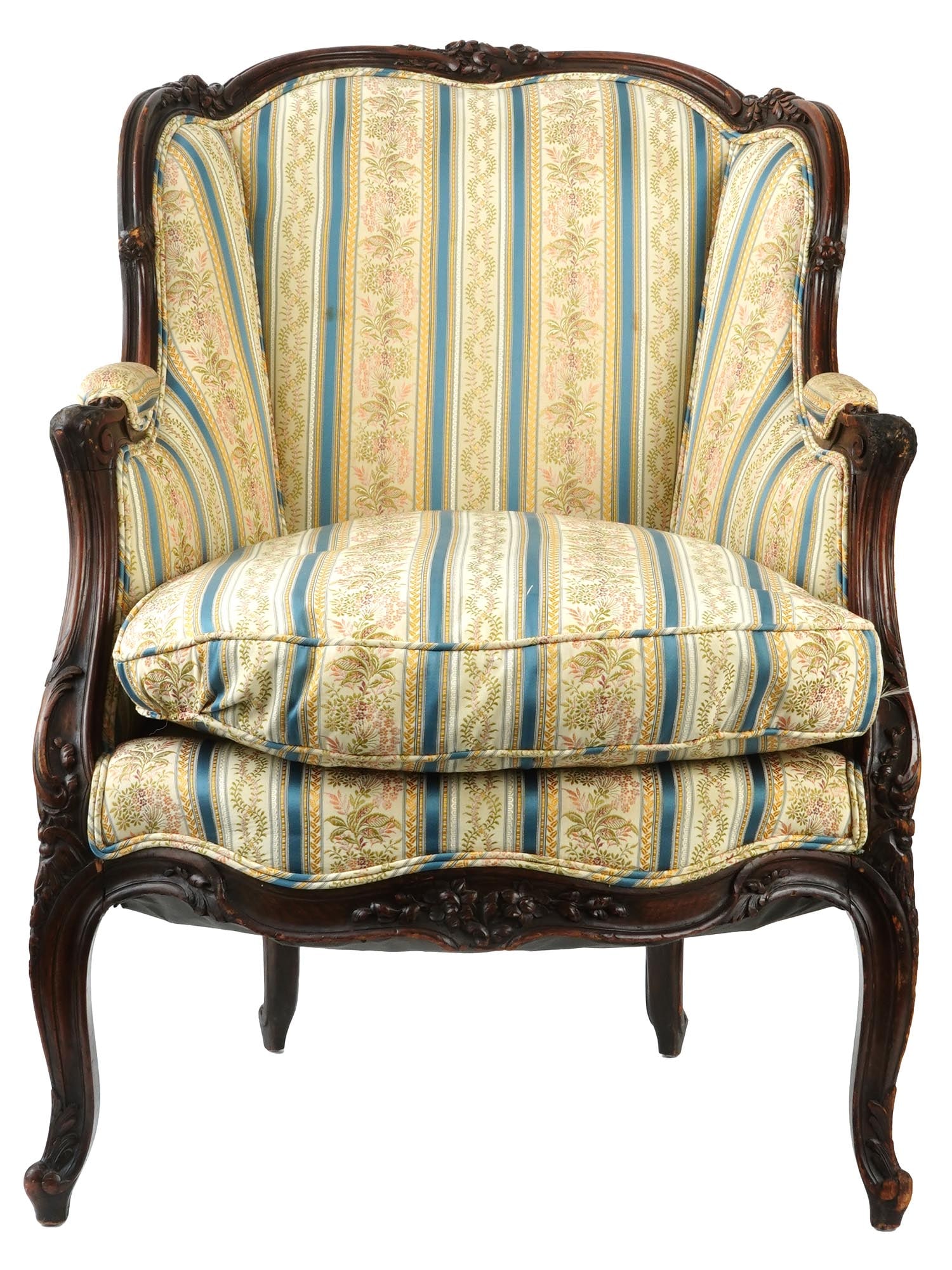 ANTIQUE FRENCH ROCOCO SILK CARVED WOOD PARLOR CHAIR: An antique French Rococo manner silk covered and carved wooden parlor chair. The chair is down filled and the textile is adorned with floral and foliage ornaments. The wooden part of the ware is decor