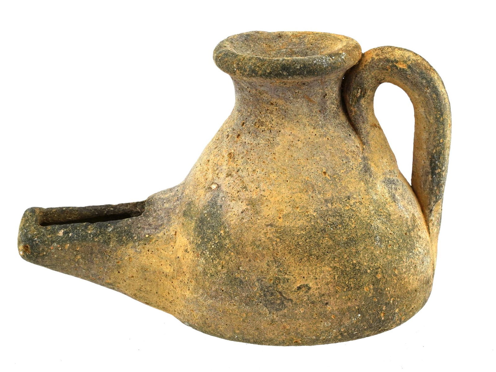 ANCIENT BYZANTINE PERIOD CLAY OIL LAMP WITH LONG NOZZLE: An ancient Byzantine period clay oil lamp, distinguished by its long nozzle emerging from a tapering body, complemented by a well-formed handle. This artifact exemplifies the functional elegance and c