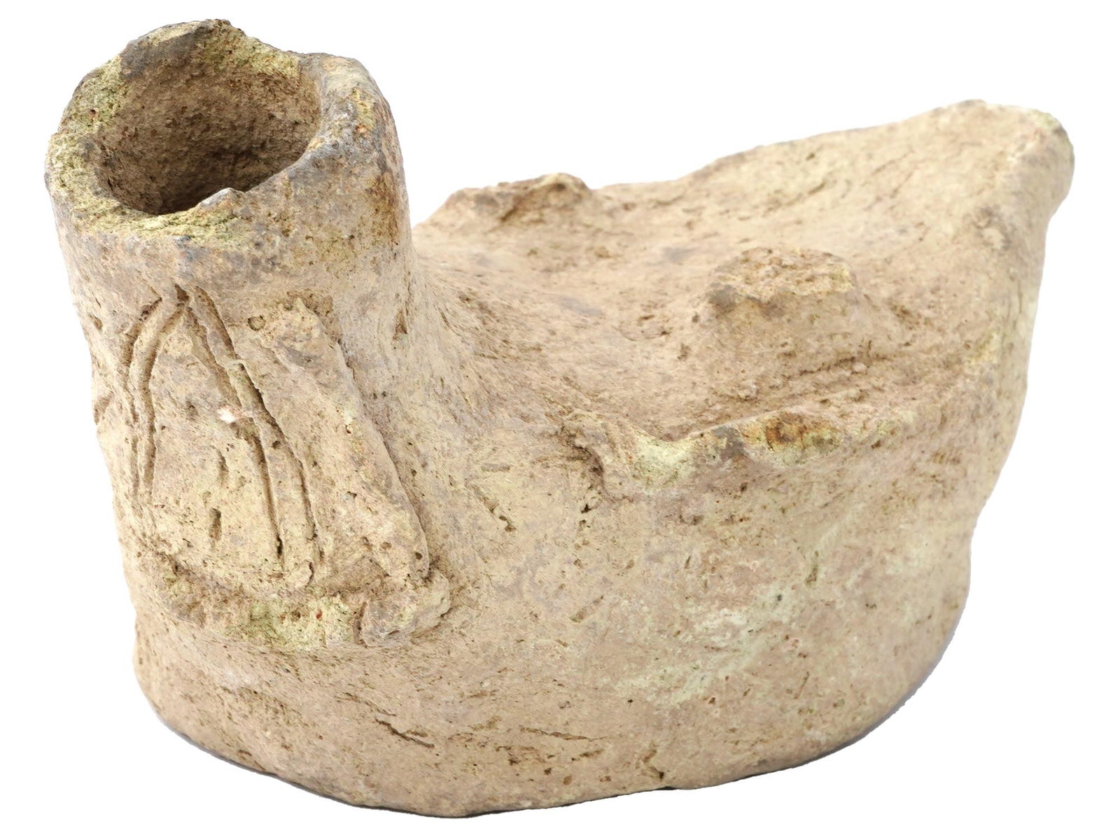 ANCIENT EARLY PERIOD HITTITE TERRACOTTA BOAT FIGURE: An ancient early period Hittite culture terracotta figure of a boat, dating back to circa 1600 BC. This ancient artifact, though missing its top, showcases the engravings to the raising part. The Hitt