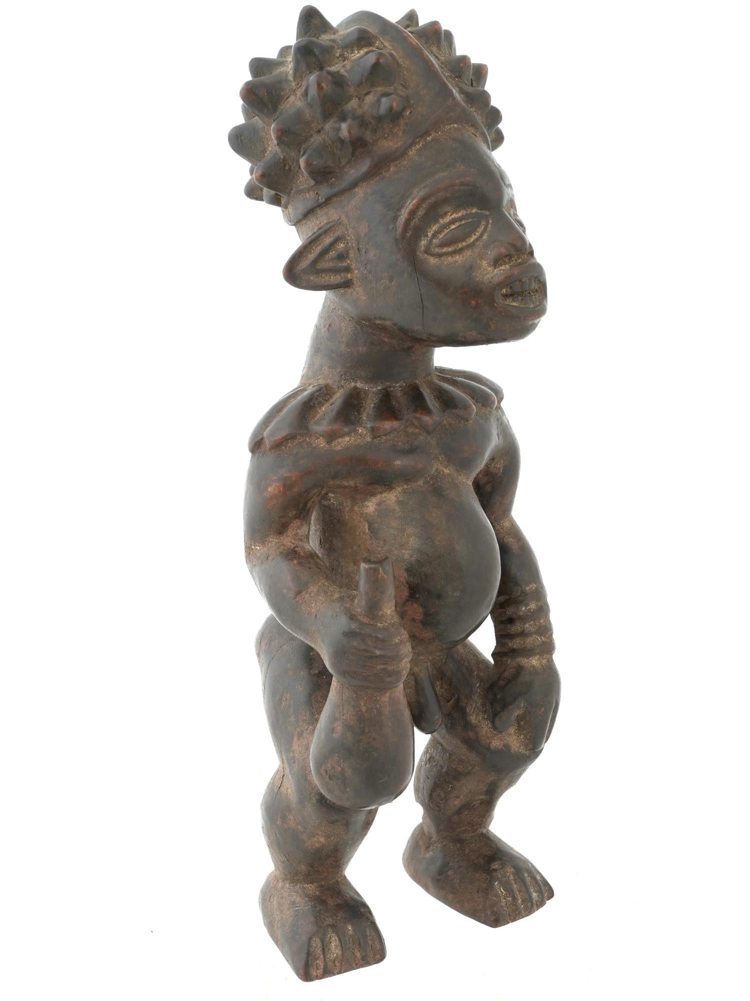 WEST AFRICAN BANGWA BAMILEKE CAMEROON CARVED FIGURE: A hand carved wooden Bamileke Bangwa Figure of a King, Cameroon. The main figurative sculptures represent the leaders of the Bangwa tribe, depicted in ceremonial robes with rich regalia, including bra