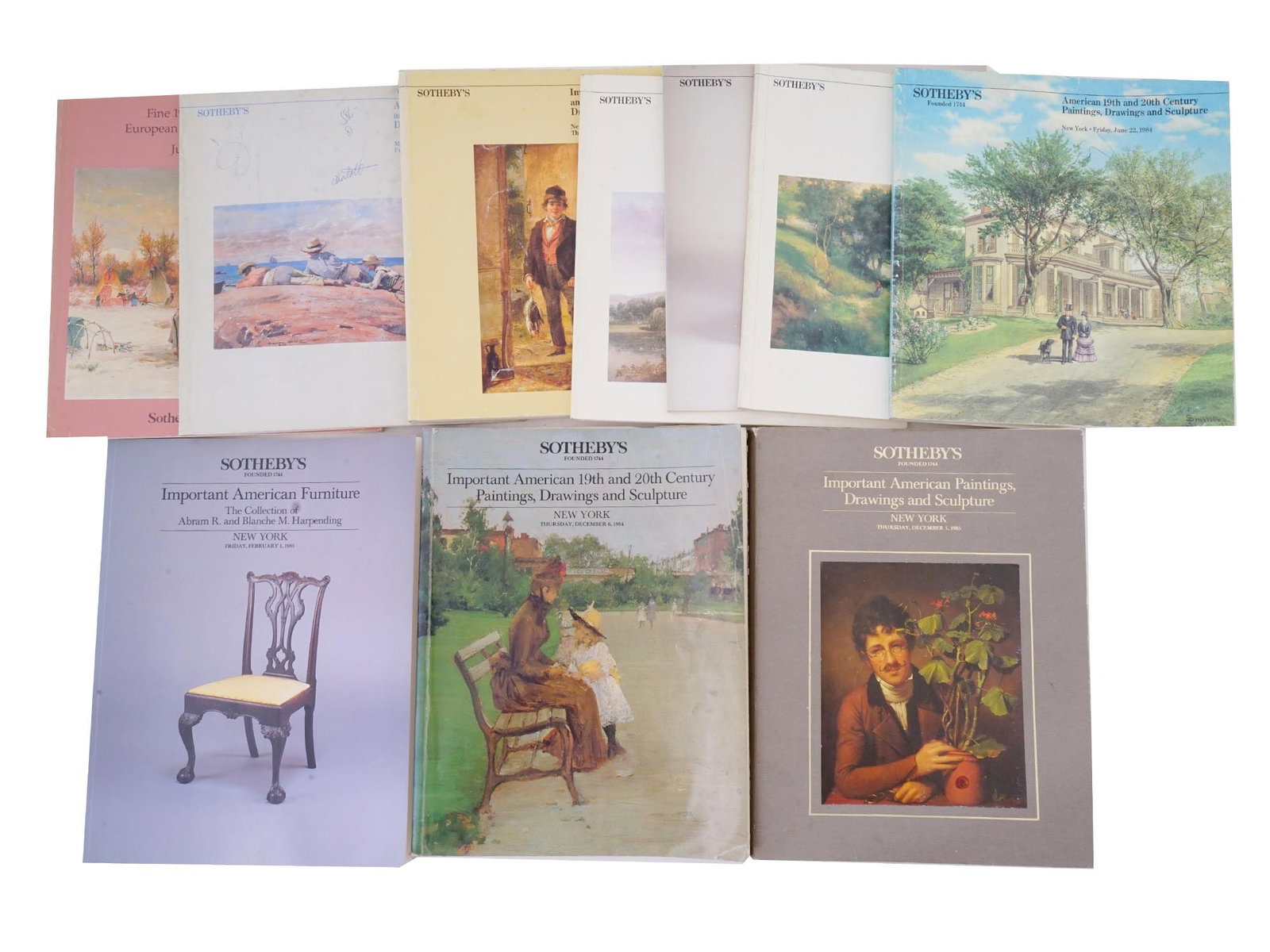 VINTAGE 1980S SOTHEBYS FINE ART AUCTION CATALOGUES: A lot of 1980s Sothebys auction catalogues dedicated to the American fine art, drawings, sculpture, decor and furniture of the 18th to 20th centuries. A total of 10 items. Antiquarian Librarian Art Bo