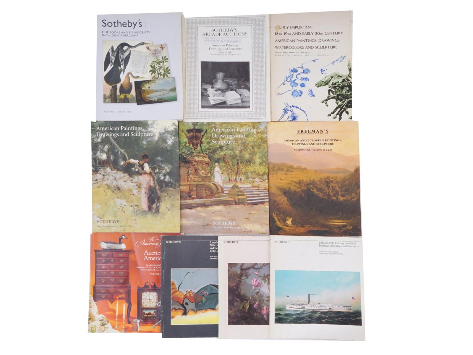 VINTAGE SOTHEBYS FREEMANS FINE ART AUCTION CATALOGUES: A lot of 10 vintage auction catalogues. Sothebys New York, N08211, Fine Books and Manuscripts Including Americana, June 15, 2006. Sothebys Arcade Auctions, American Paintings, Drawings and Sculpture, 