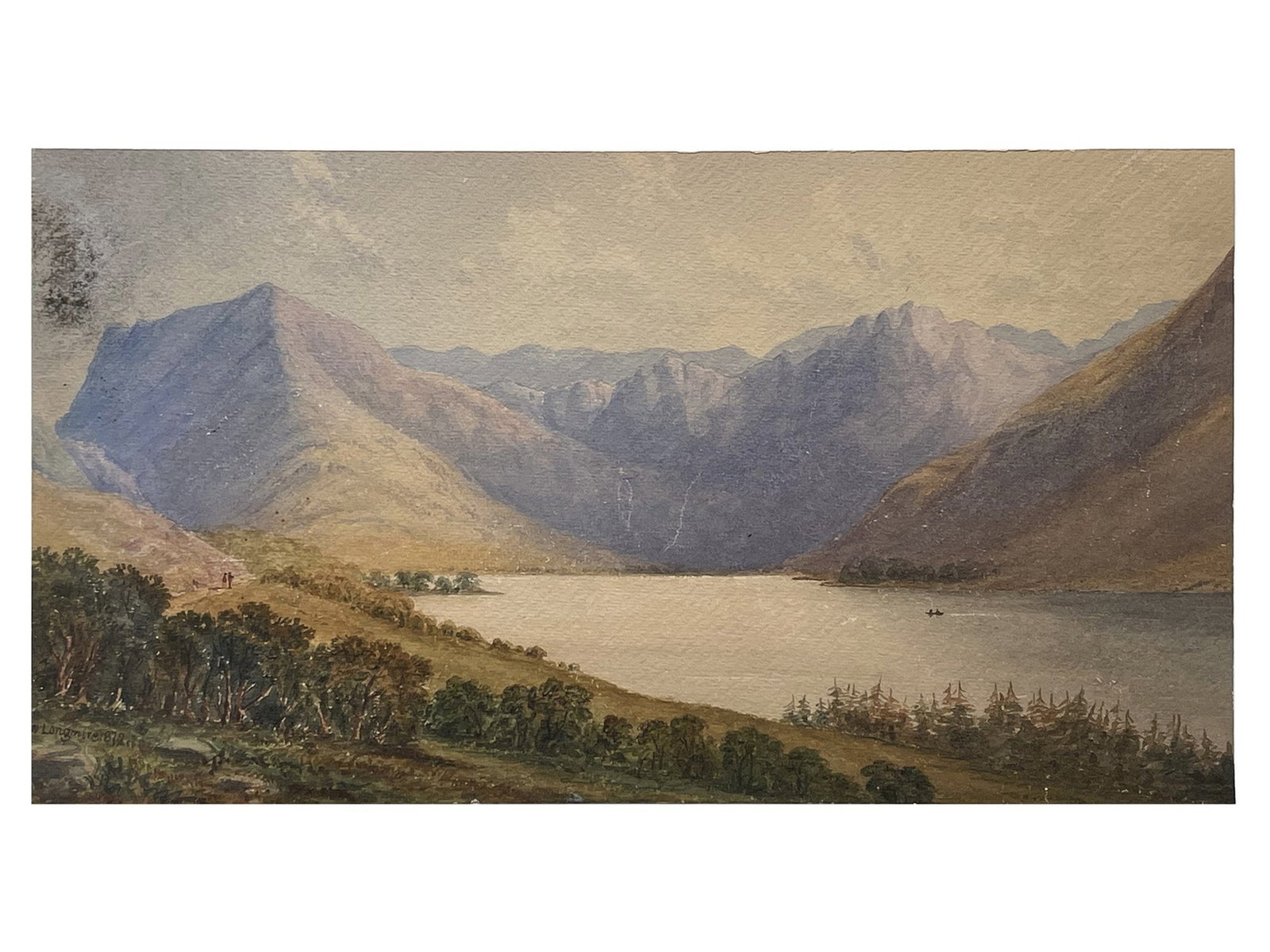 WILLIAM TAYLOR LONGMIRE ANTIQUE BRITISH PAINTING: William Taylor Longmire, British, 1841 to 1914, a late 19th century watercolor on paper painting depicting a tranquil mountain lake, signed and dated 1872 lower left. William Taylor Longmire was a Bri