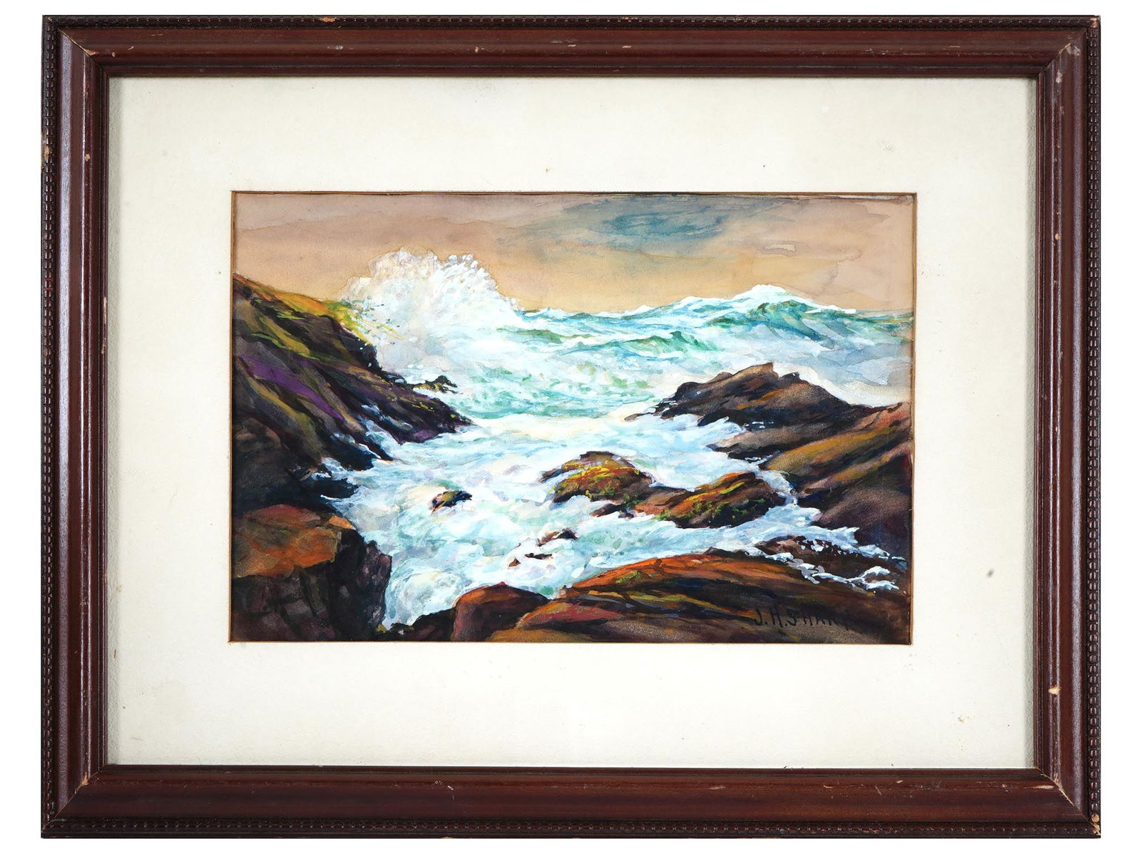 AMERICAN SEASCAPE PAINTING BY JOSEPH HENRY SHARP: Joseph Henry Sharp, American, 1859 to 1953, a watercolor on paper painting depicting a seascape. Signed lower right. Matted and framed. Joseph Henry Sharp was an American painter and a founding member