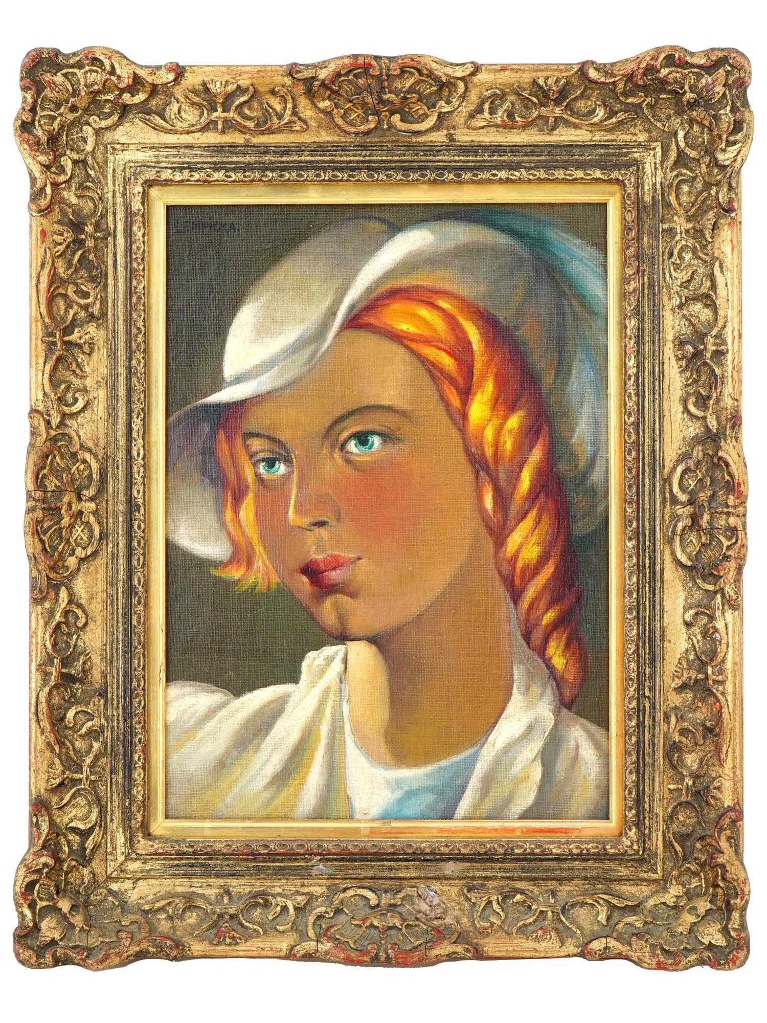 FEMALE PORTRAIT OIL PAINTING SIGNED LEMPICKA: An oil on canvas laid on board painting depicting a portrait of a young red haired lady. Signed upper left, Lempicka. Housed in a richly ornate gilt wood and gesso frame. Tamara de Lempicka, described