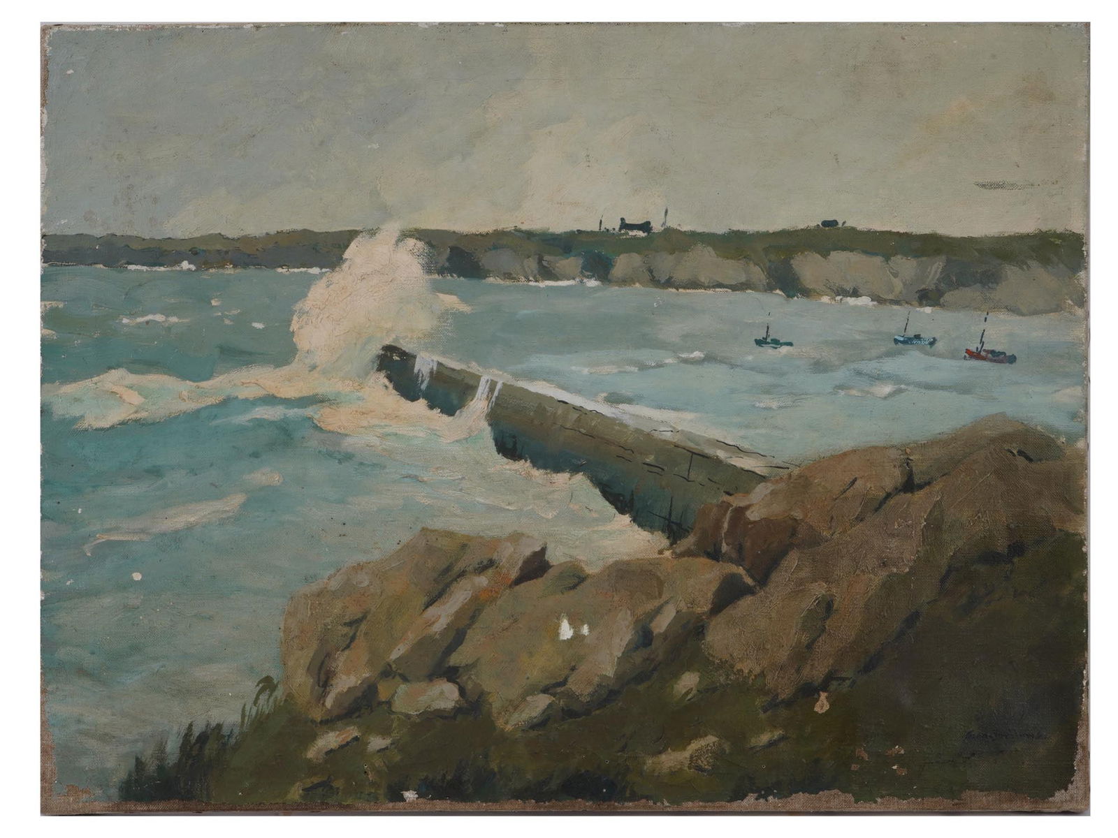 ATTR GEORGE BELLOWS AMERICAN SEASCAPE OIL PAINTING: An oil on canvas painting attributed to George Wesley Bellows, 1882 to 1925, an American Realist artist, student of Robert Henri. Bellows is known for his bold depictions of urban life in New York Cit