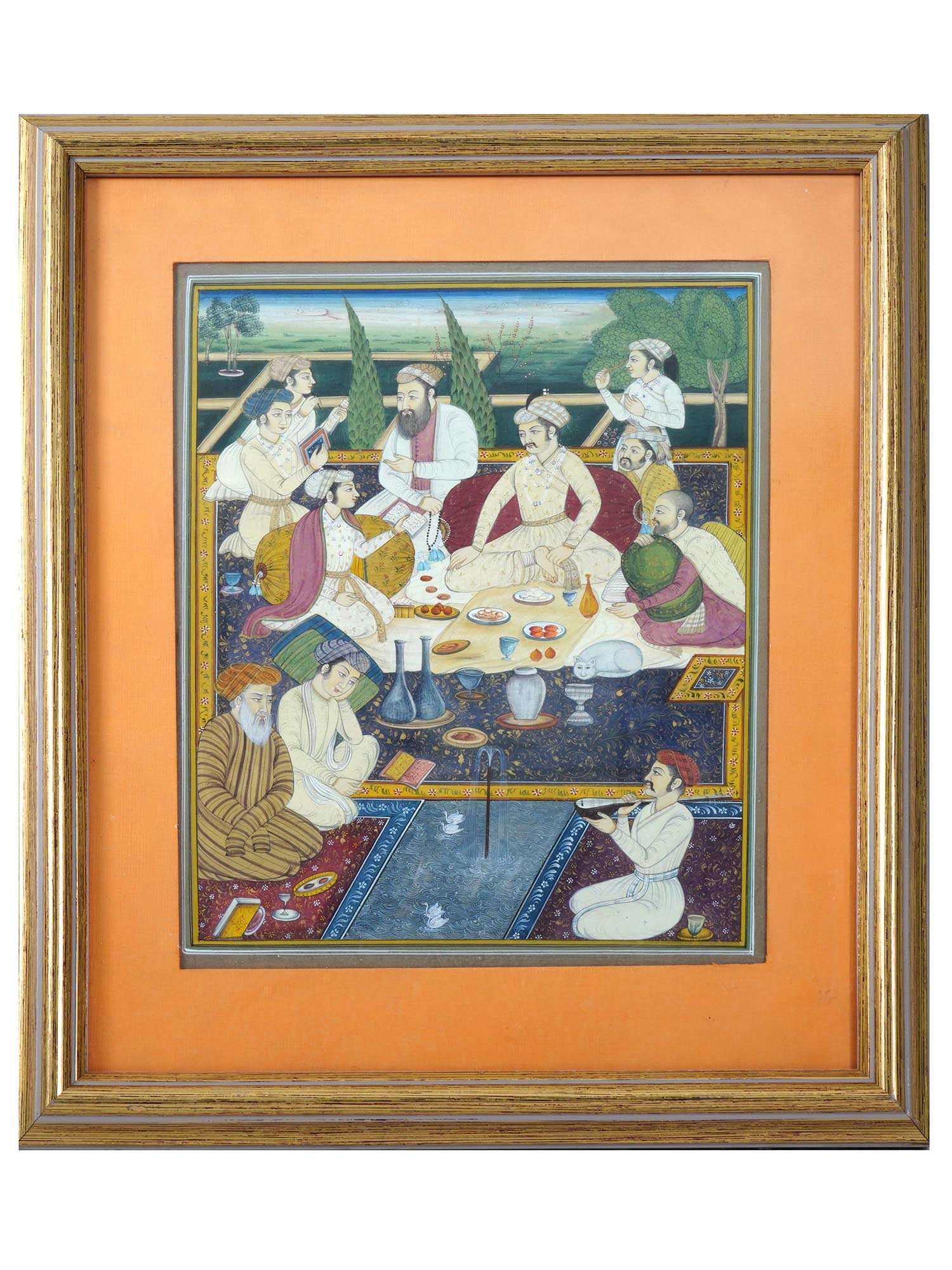 ANTIQUE INDIAN MUGHAL MINIATURE PAINTING ROYAL FEAST: An antique Indian miniature painting. Late Mughal Empire period, first half of the 19th century. Gouache and ink on paper. The artwork depicts a scene of a royal feast on a palace terrace. Orange mat,