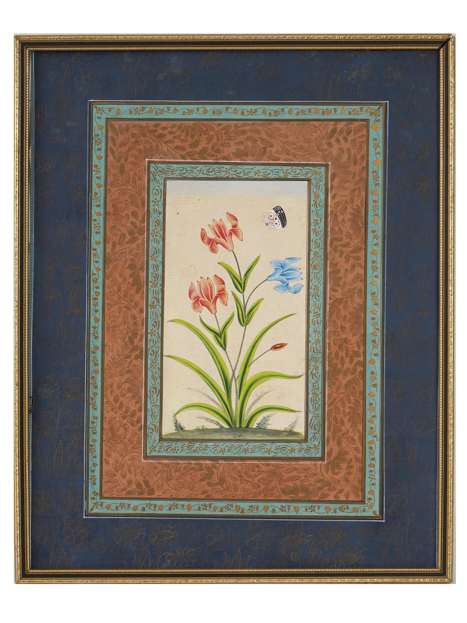 ANTIQUE INDIAN MUGHAL MINIATURE STILL LIFE PAINTING: An antique Indian miniature painting. Late Mughal Empire period, first half of the 19th century. Watercolor and ink on paper. The artwork depicts lily flowers and a butterfly. Floral ornamental border