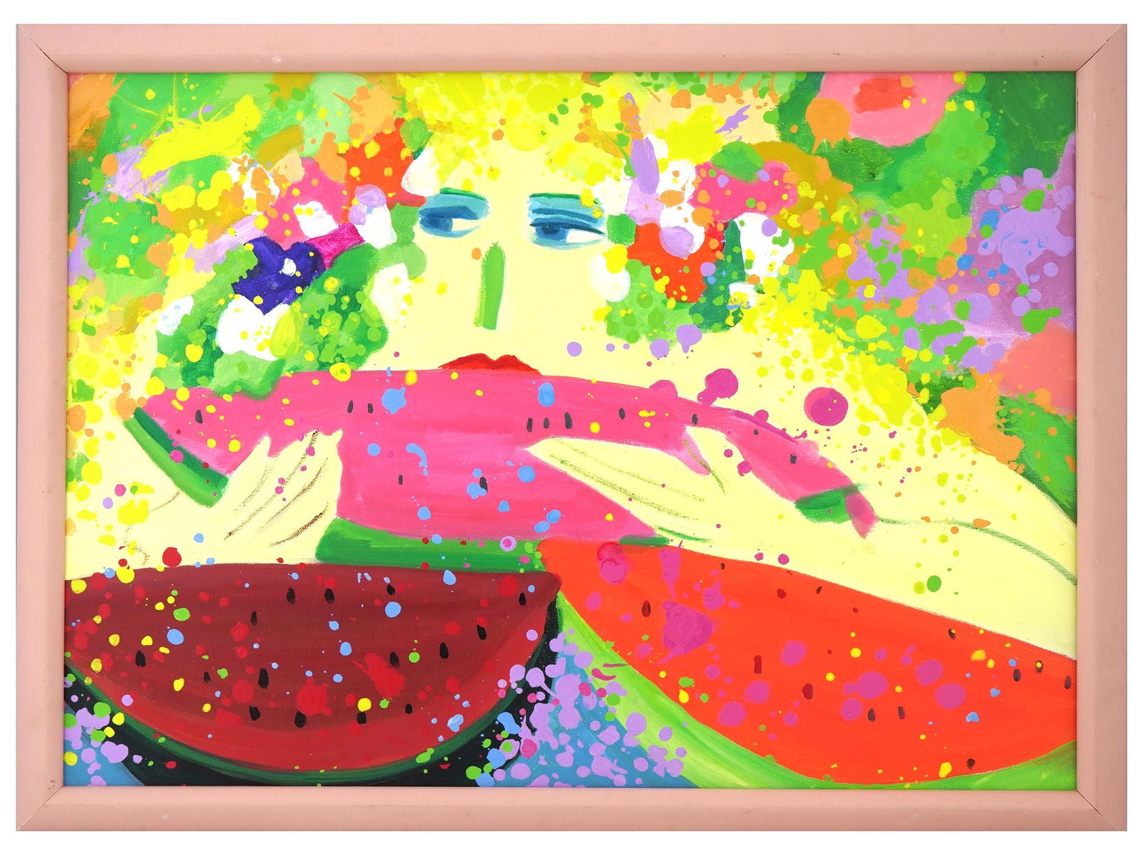 ATTR TO WALASSE TING CHINESE PORTRAIT OIL PAINTING: Attributed to Walasse Ting, American, Chinese, 1929 to 2010, oil painting on canvas depicting a portrait of a woman with pieces of watermelon. Inscribed and dated 2000, on the backside. Framed. Walass