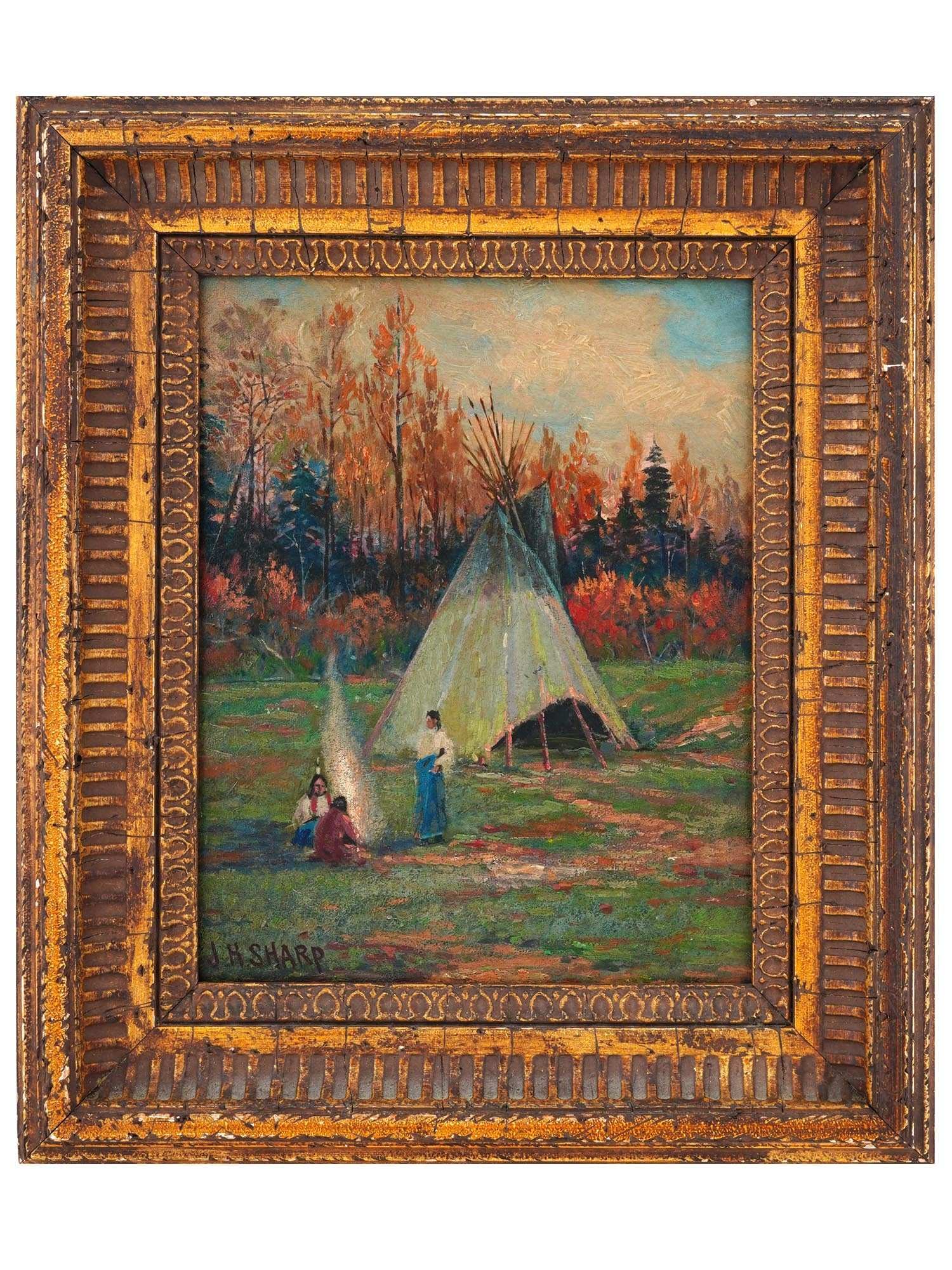AMERICAN GENRE OIL PAINTING BY JOSEPH HENRY SHARP: Joseph Henry Sharp, American, 1859 to 1953, oil painting on board depicting a rural landscape scene with an Indian American family. Signed lower left. Framed. Joseph Henry Sharp was an American painte