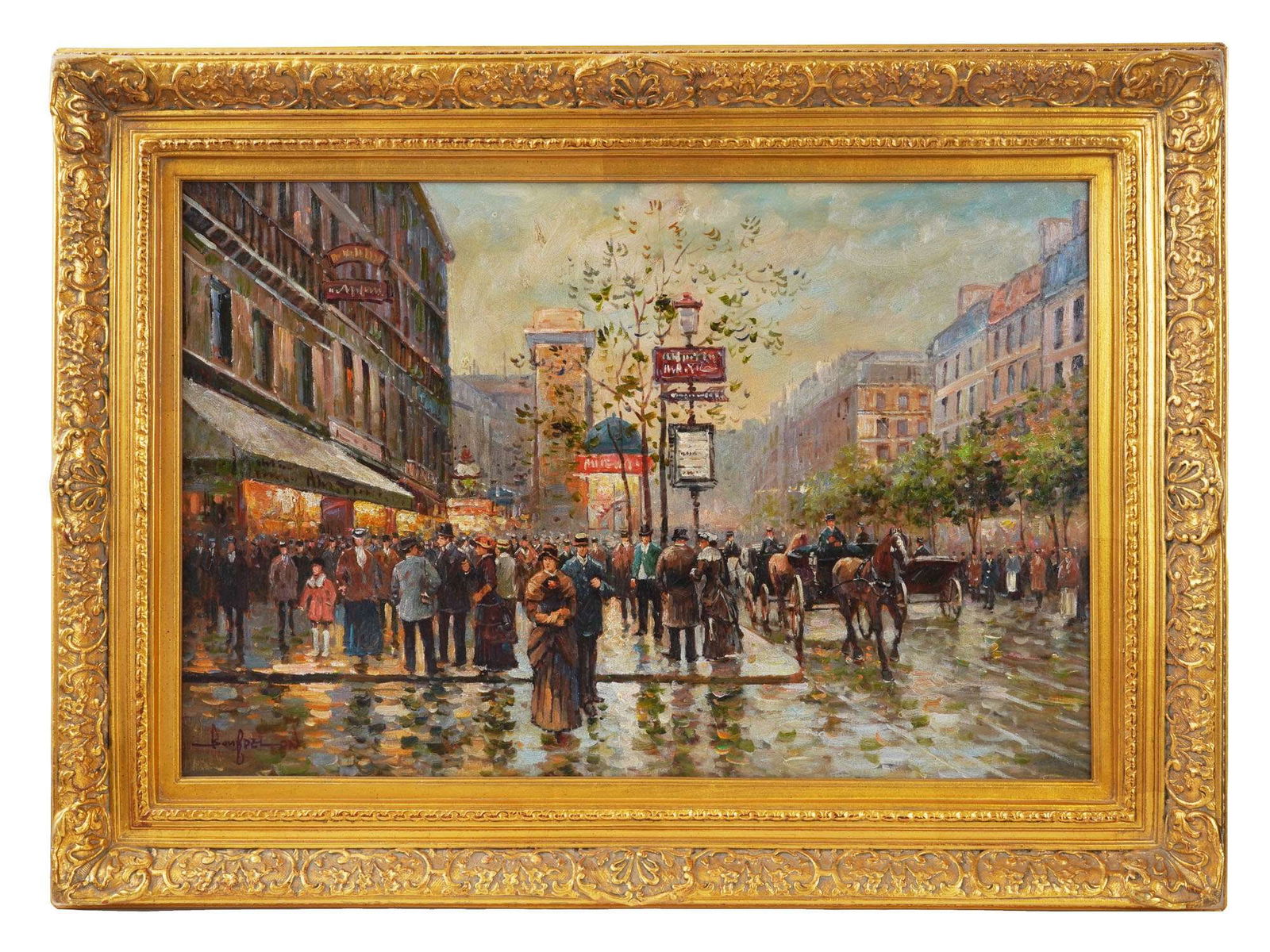 AFTER EDOUARD CORTES FRENCH CITYSCAPE OIL PAINTING: Oil on canvas painting, after an artwork titled Le Boulevard et la Porte St. Denis by Edouard Leon Cortes, 1882 to 1969, a French painter of French and Spanish ancestry who is known for his diverse Pa