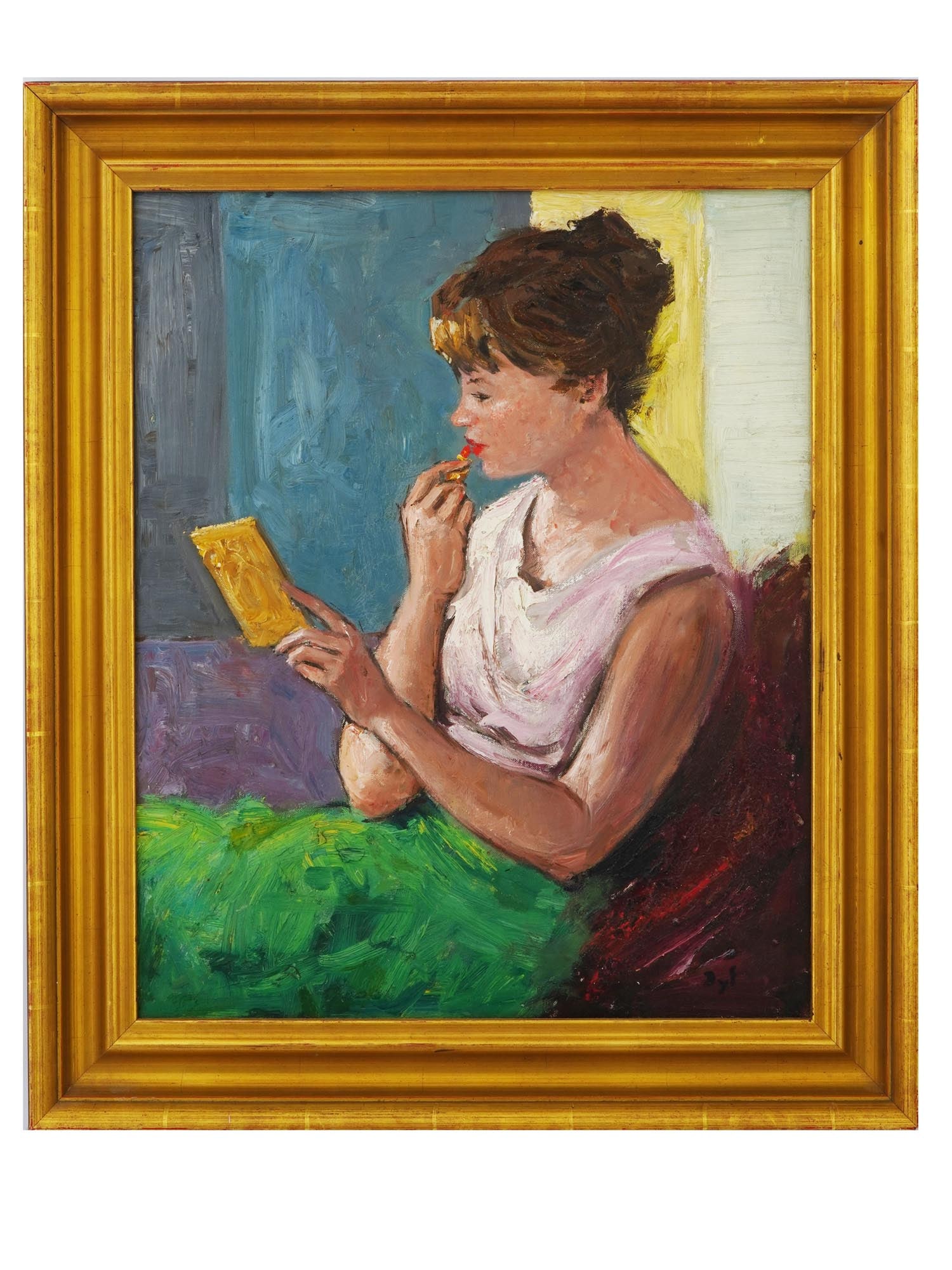POST IMPRESSIONIST OIL PAINTING SIGNED MARCEL DYF: An oil on canvas painting attributed to Marcel Dyf, French, 1899 to 1985. The Post Impressionist artwork depicts a young woman applying red lipstick. Signed lower right. Framed. Note: Born in Paris, D