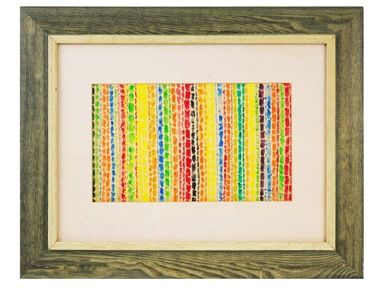 ALMA WOODSEY THOMAS AMERICAN WATERCOLOR PAINTING: Alma Woodsey Thomas, Afro American, 1891 to 1978, watercolor painting on paper depicting an abstract optical composition, 1969. Signed and dated, lower right. Framed. Alma Thomas is known for Non obje