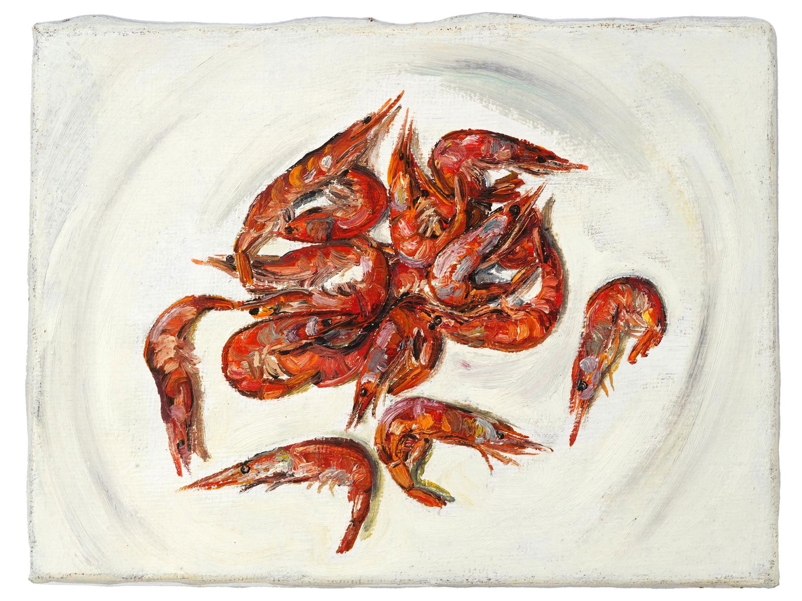 PRAWNS OIL PAINTING IN THE MANNER OF LUCIAN FREUD: An oil painting on canvas depicting a still life with prawns in the manner of Lucian Michael Freud, English, German, 1922 to 2011. Inscribed on the backside. Lucian Michael Freud was a British painter