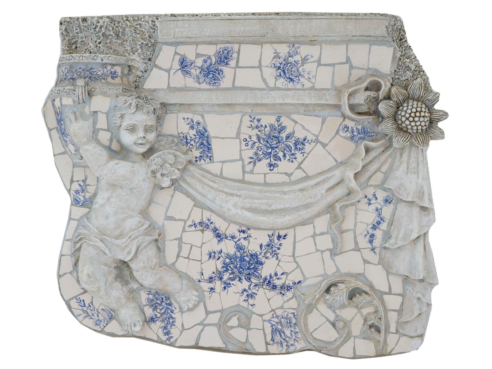 PAINTED MOSAIC FURNITURE ON COMPOSITE METAL PLAQUE: A vintage mosaic furniture made of fine hand crafted workmanship. Mounted on a composite metal plaque. The composition is adorned with a bar relief image of a cherub, a flower, a ribbon with a bow, an