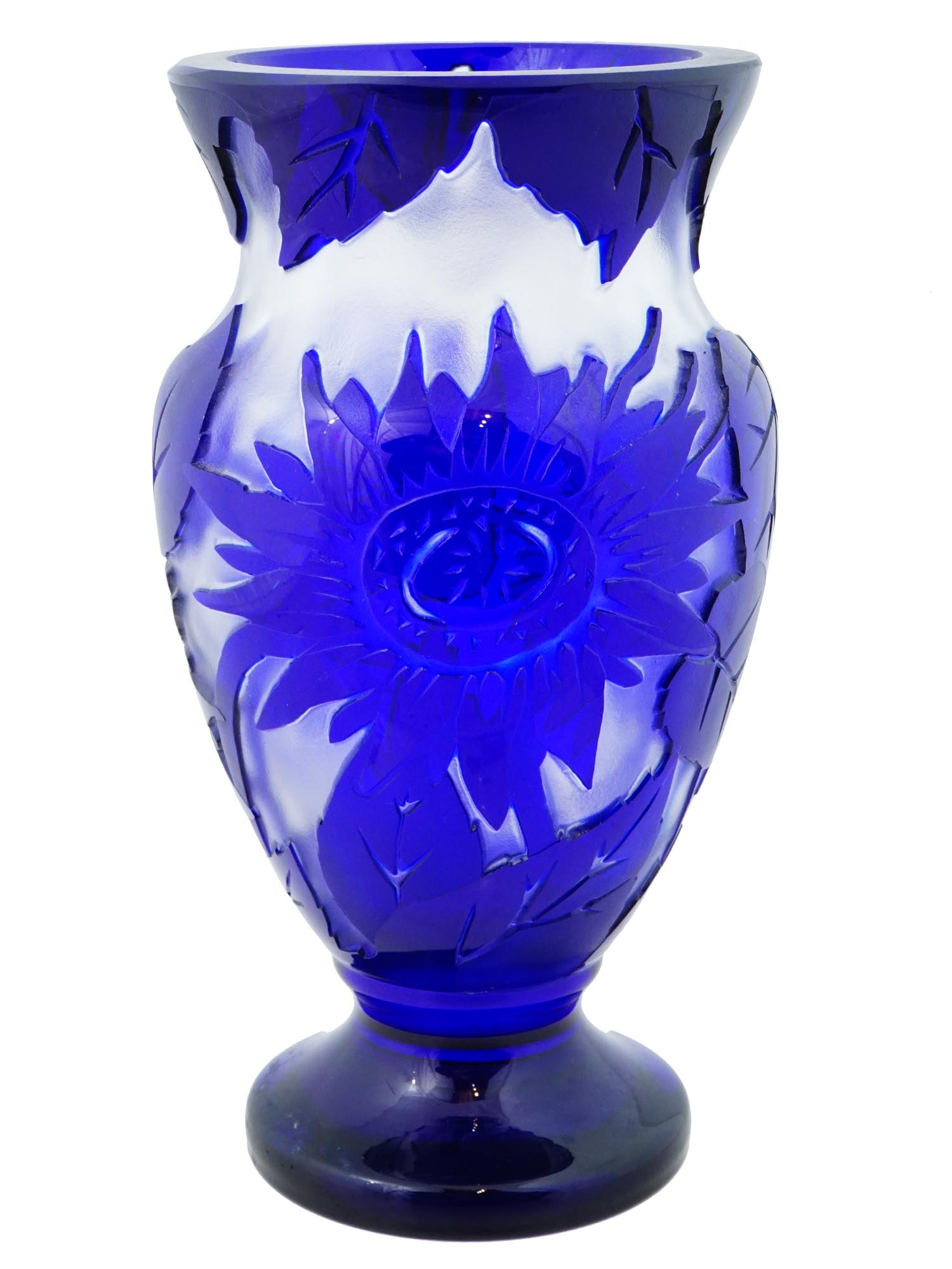 ANTIQUE BLUE CAMEO GLASS VASE BY THOMAS WEBB SONS: An antique blue cameo glass vase by Thomas Webb and Sons, England. The amphora shaped vase is made of frosted glass, featuring a cobalt blue overlay representing blossoming flowers and leaves, and a b