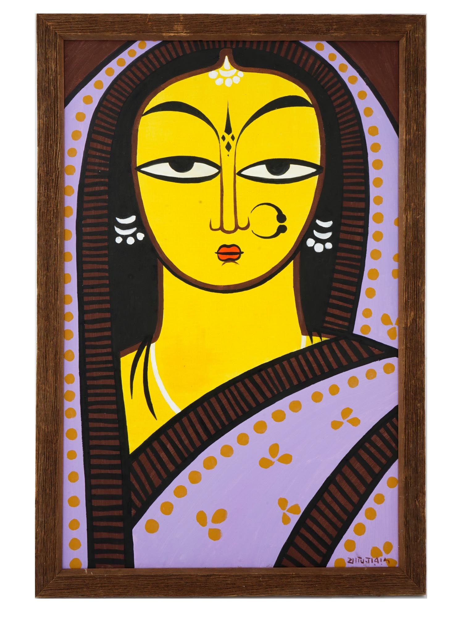 ATTR TO JAMINI ROY INDIAN FEMALE PORTRAIT PAINTING: Oil on canvas painting painting, attributed to Jamini Roy, 1887 to 1972, Indian artist, one of the most famous pupils of Abanindranath Tagore. The artwork depicts a portrait of a young woman. Signatur