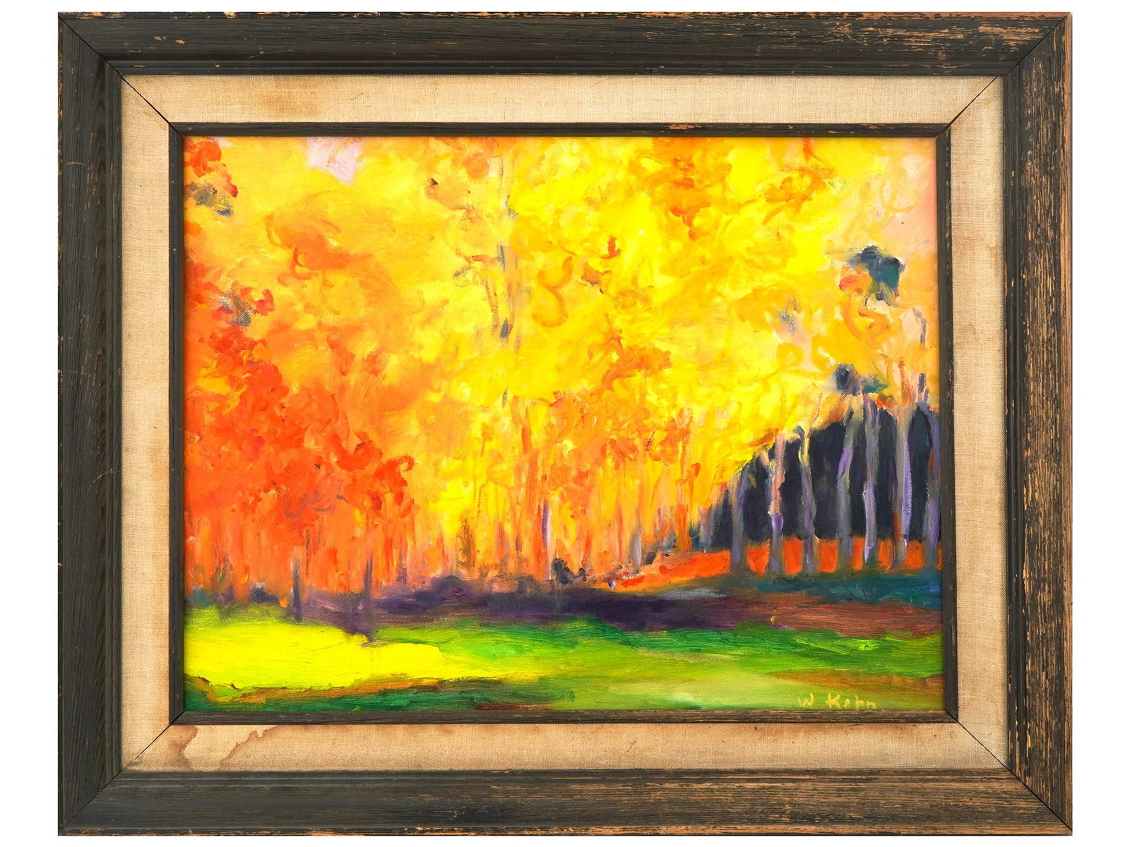 1987 AMERICAN LANDSCAPE OIL PAINTING BY WOLF KAHN: Oil on canvas painting by Wolf Kahn, 1927 to 2020, a German-born American painter, student of Hans Hofmann. In his work Kahn combined Realism and Color field painting, a fine example of which is this