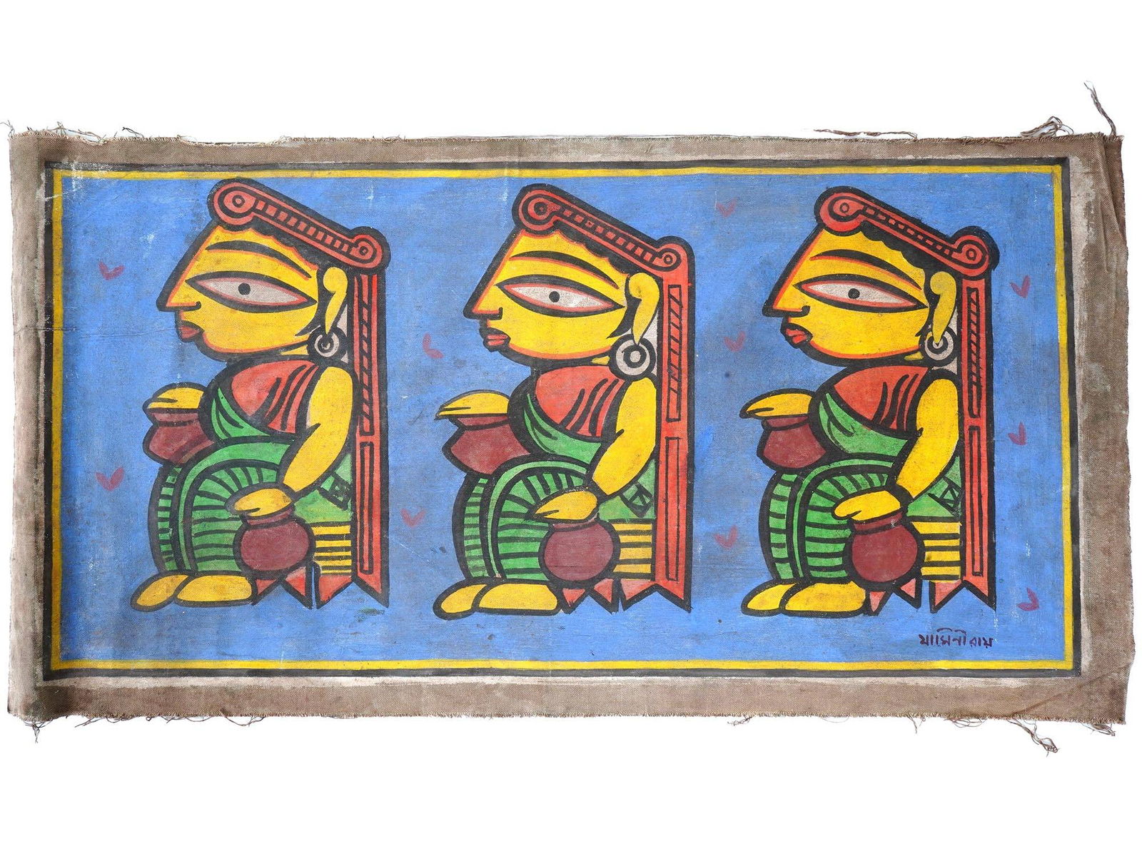 ATTRIBUTED TO JAMINI ROY INDIAN GOUACHE PAINTING: Attributed to Jamini Roy, Indian, 1887 to 1972, gouache painting on canvas depicting a triple portrait of a seated lady. Signed, lower right. Jamini Roy is known for Folk art painting of India. When h