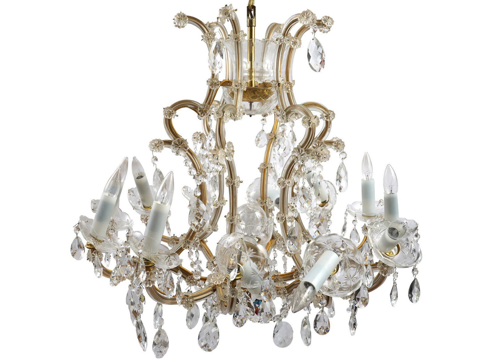 VINTAGE GILT BRASS AND LEAD CRYSTAL CHANDELIER: A vintage gilt brass and cut lead glass chandelier with modern electrical fittings. 13 lights, bulb sockets are designed as candles with bobeches and pendants. Unmarked. Collectible Decorative Light F