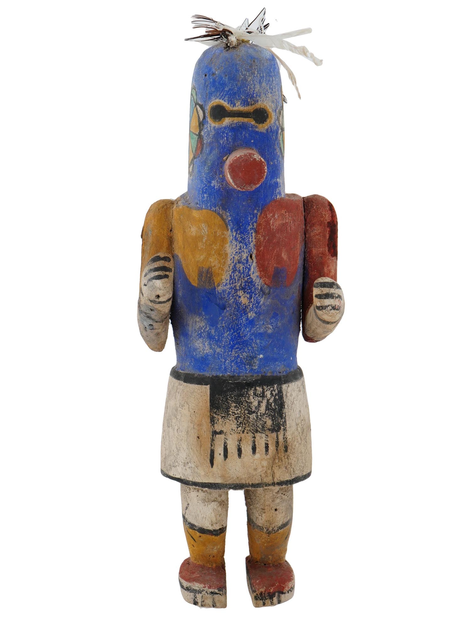 SOUTHWESTERN NATIVE AMERICAN KACHINA HOPI DOLL: A Southwestern Native American Kachina Hopi doll with elongated mouth. The figurine is made from hand carved wood and adorned with hand painted traditional ornaments. Decorated with hair made of feath