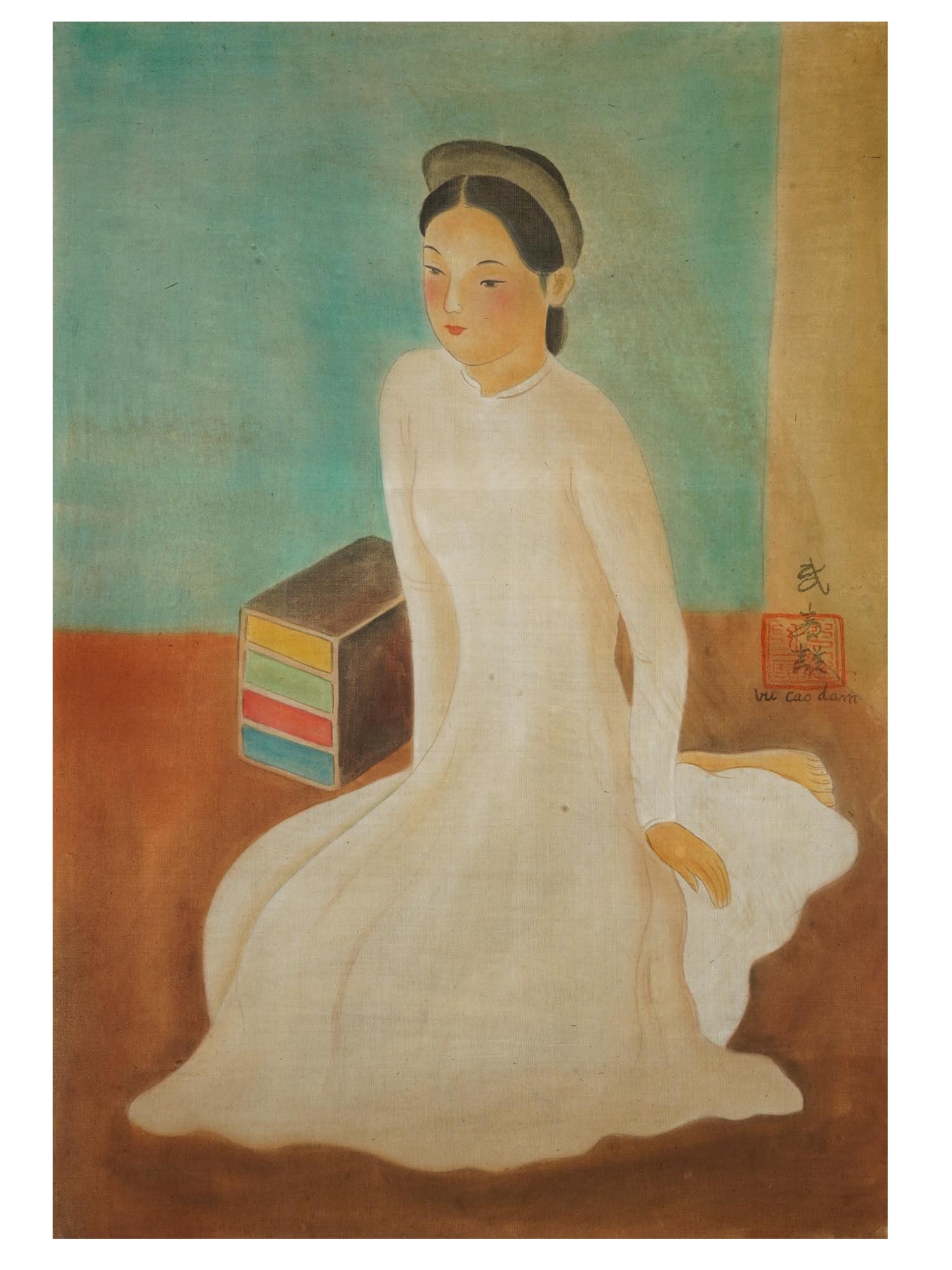 VIETNAMESE WATERCOLOR PAINTING AFTER VU CAO DAM: An ink and watercolor painting on silk depicting an interior portrait of a young lady after Vu Cao Dam, Vietnamese, 1908 to 2000. Signed in Latin and with Calligraphy, and stamped with a red ink seal,