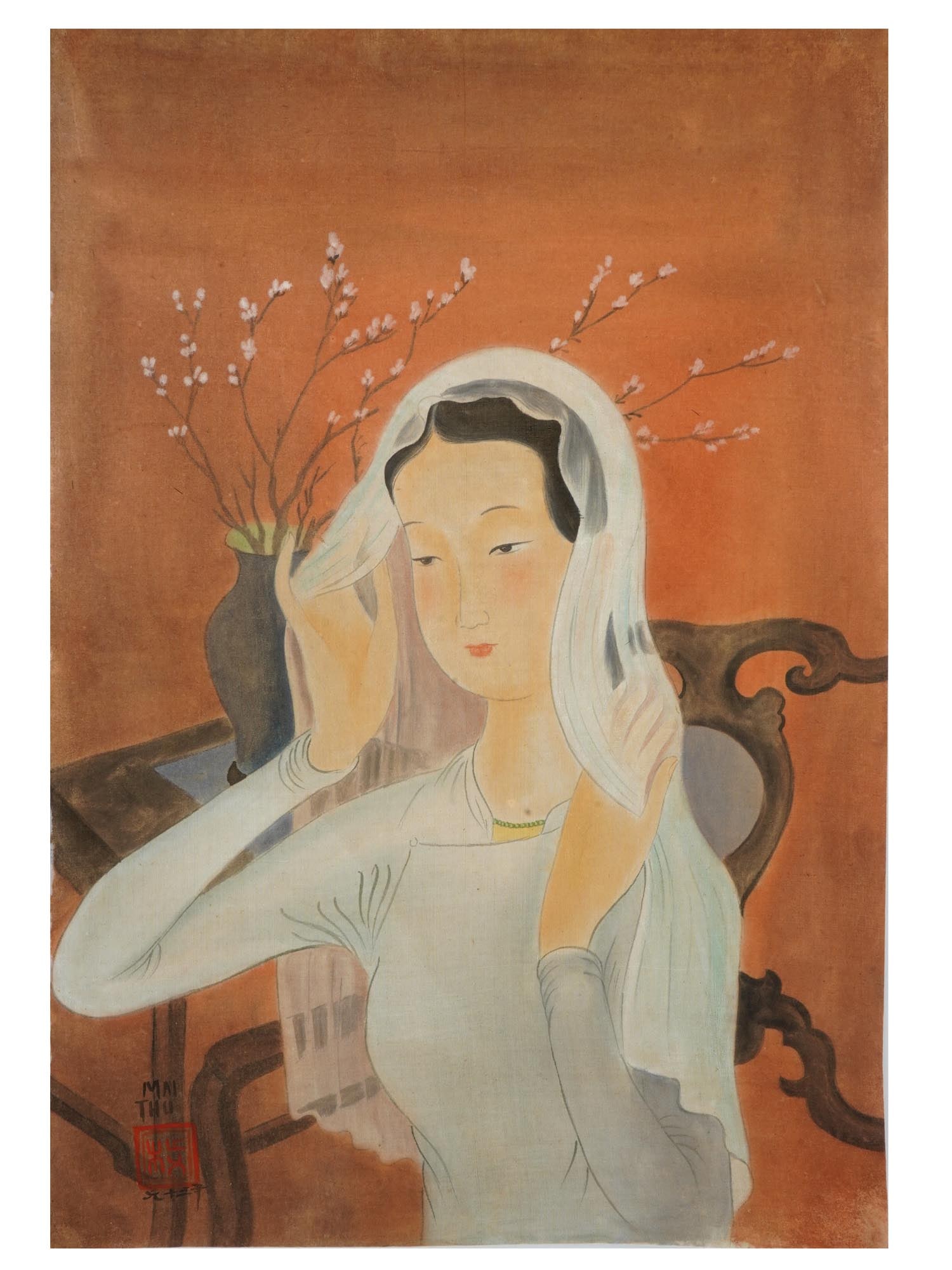 VIETNAMESE WATERCOLOR PAINTING AFTER MAI TRUNG THU: An ink and watercolor painting on silk depicting an interior portrait of a young woman after Mai Trung Thu, Vietnamese, French, 1906 to 1980. Signed in Latin and with Calligraphy, and stamped with a r