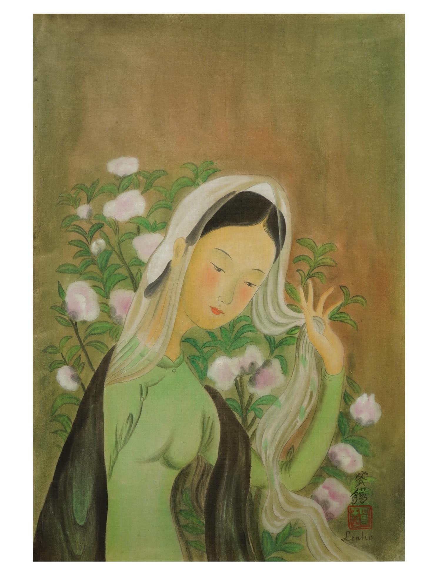 VIETNAMESE PORTRAIT PAINTING ON SILK AFTER LE PHO: An ink and watercolor painting on silk depicting a portrait of a woman in blossoming flowers after Le Pho, Vietnamese, French, 1907 to 2001. Signed with Calligraphy and in Latin, lower right. Stamped