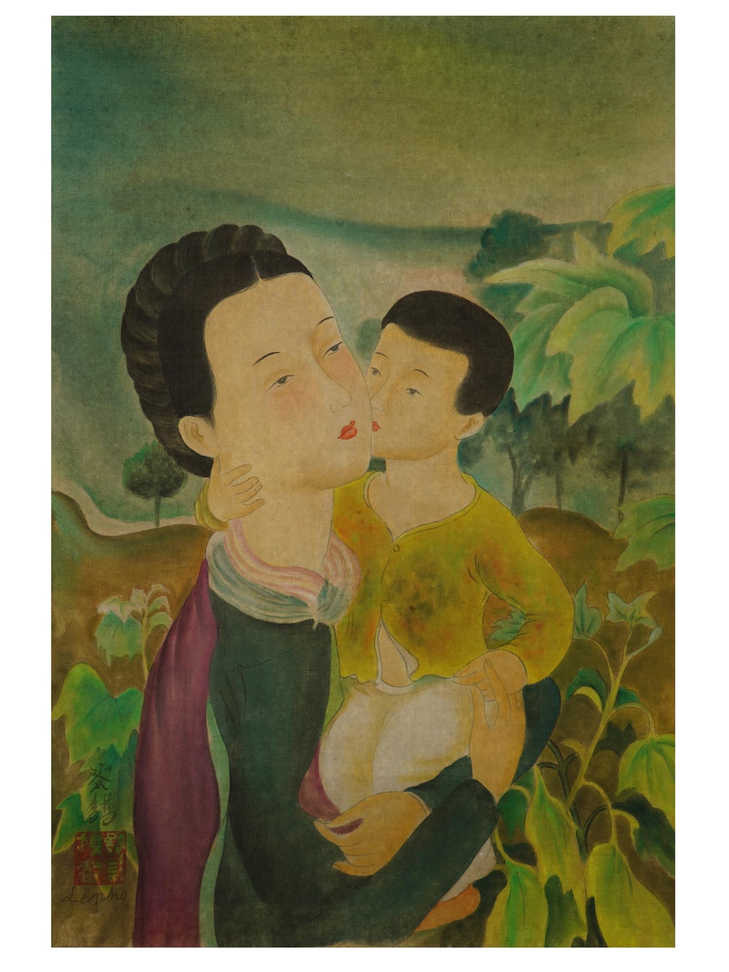 VIETNAMESE PORTRAIT PAINTING ON SILK AFTER LE PHO: An ink and watercolor painting on silk depicting a double portrait of a mother and a child in a landscape after Le Pho, Vietnamese, French, 1907 to 2001. Signed with Calligraphy and in Latin, lower le
