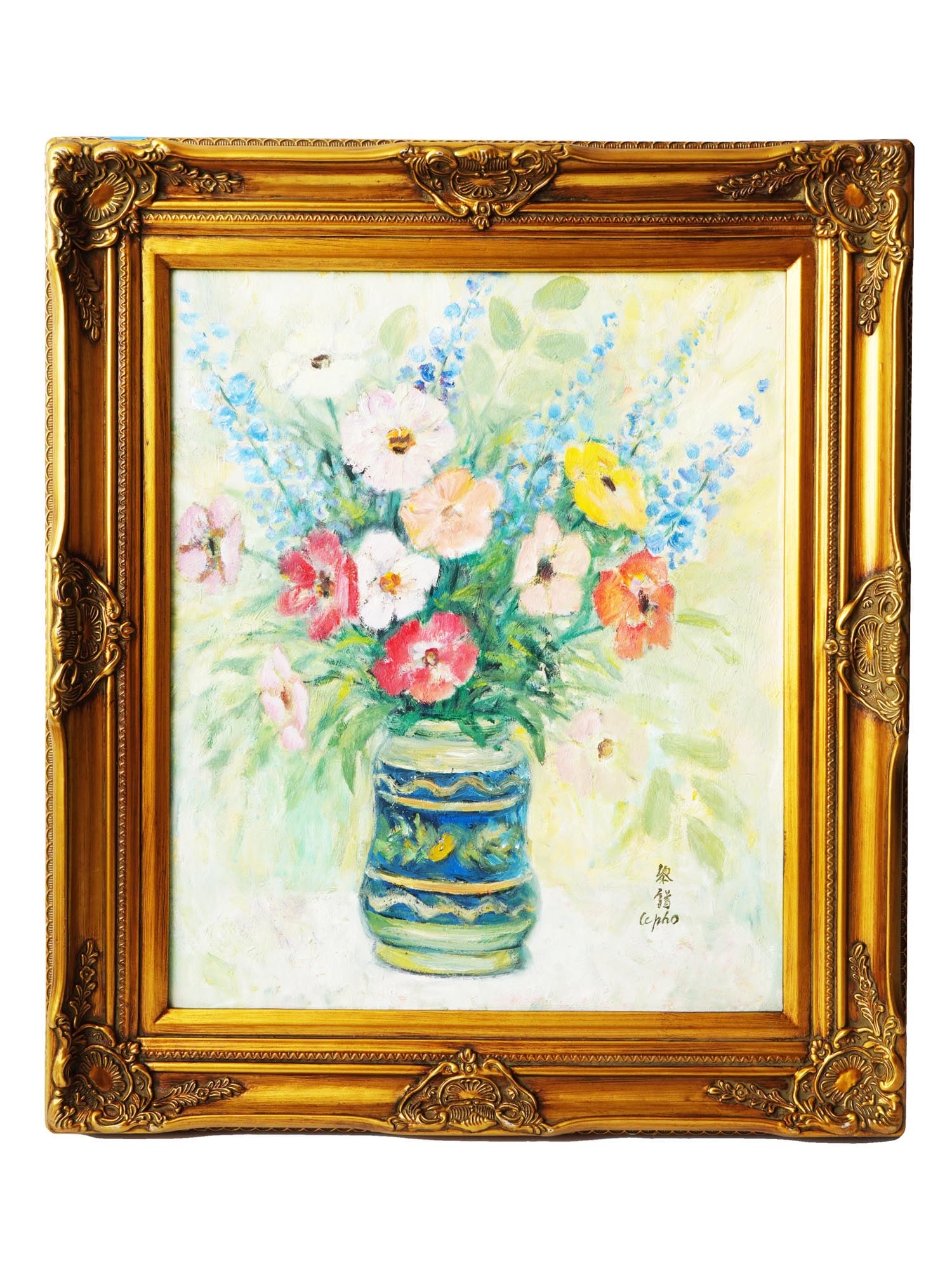 ATTR TO LE PHO VIETNAMESE STIIL LIFE OIL PAINTING: Attributed to Le Pho, Vietnamese, French, 1907 to 2001, oil painting on canvas depicting a still life with flowers. Signed with Hieroglyphs and in Latin, lower right. Circa: 1960s to 1970s. Framed. A