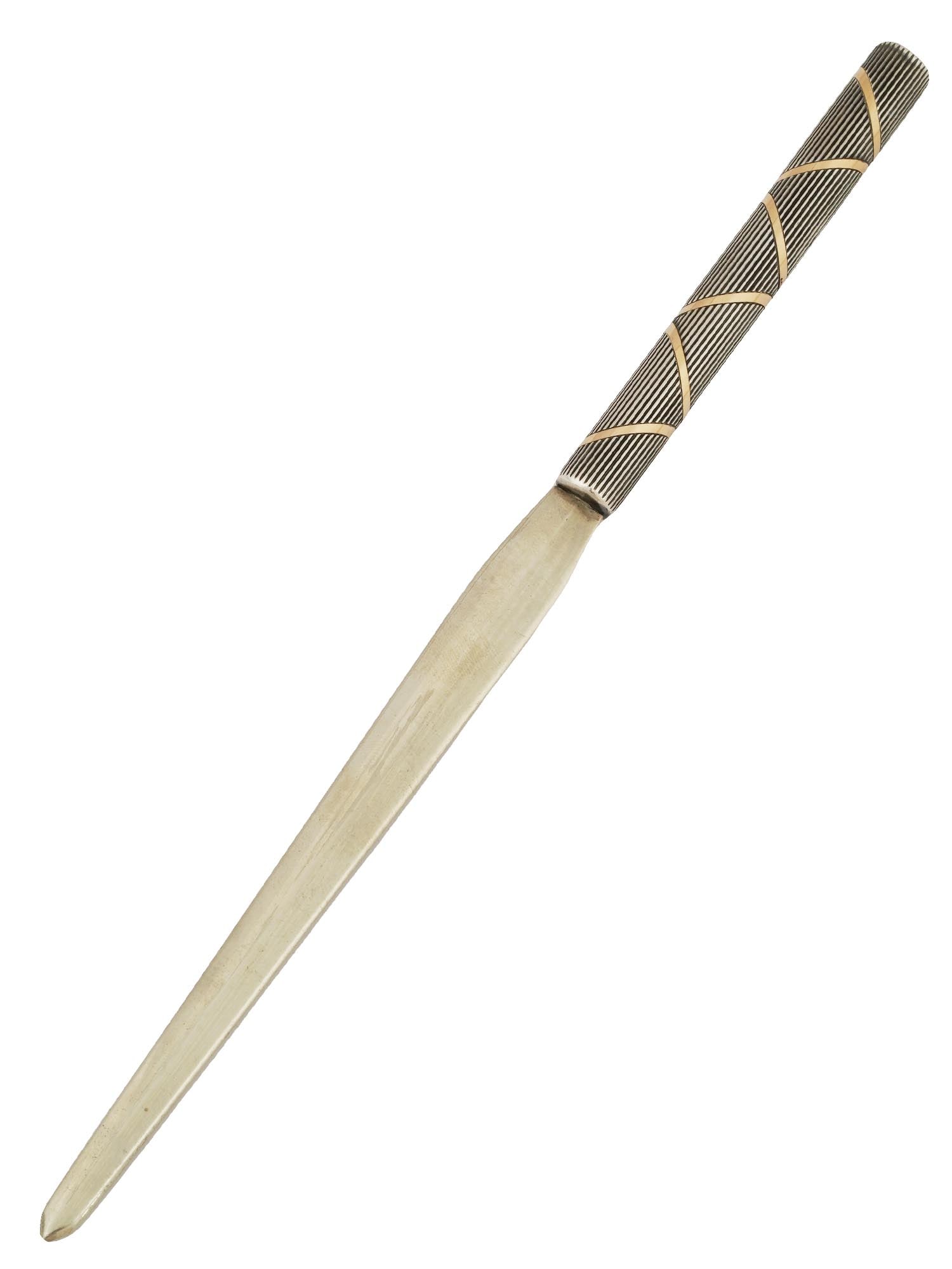 CARTIER STERLING SILVER AND GOLD LETTER OPENER: A vintage sterling silver letter opener by Cartier. Guilloche handle embellished with a gold band. Marked Cartier Italy on the blade. Italian silver star hallmark, 53 MI, 925 on the tip of the handle.