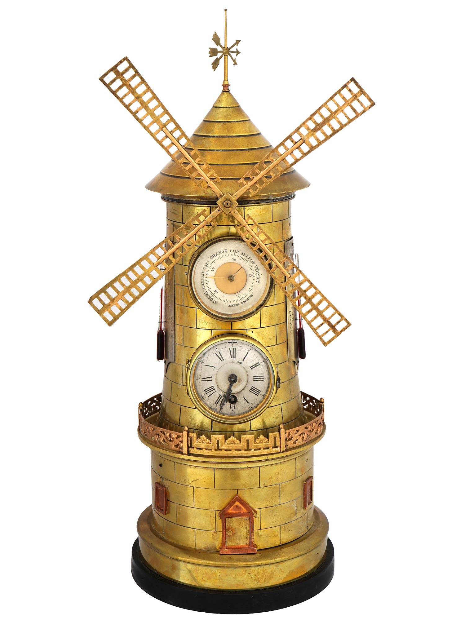 19TH C FRENCH WINDMILL CLOCK BAROMETER STYLE OF GUILMET: An antique late 19th century French windmill automaton clock and barometer in the manner of Guilmet. The windmill with conical top and rotating sails, featuring two dials, one with Arabic numerals, an