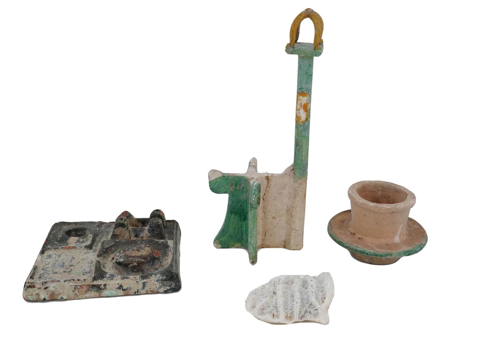 GROUP OF DIVERSE ANCIENT POTTERY ITEMS AND CORAL STONE (1 of 4)