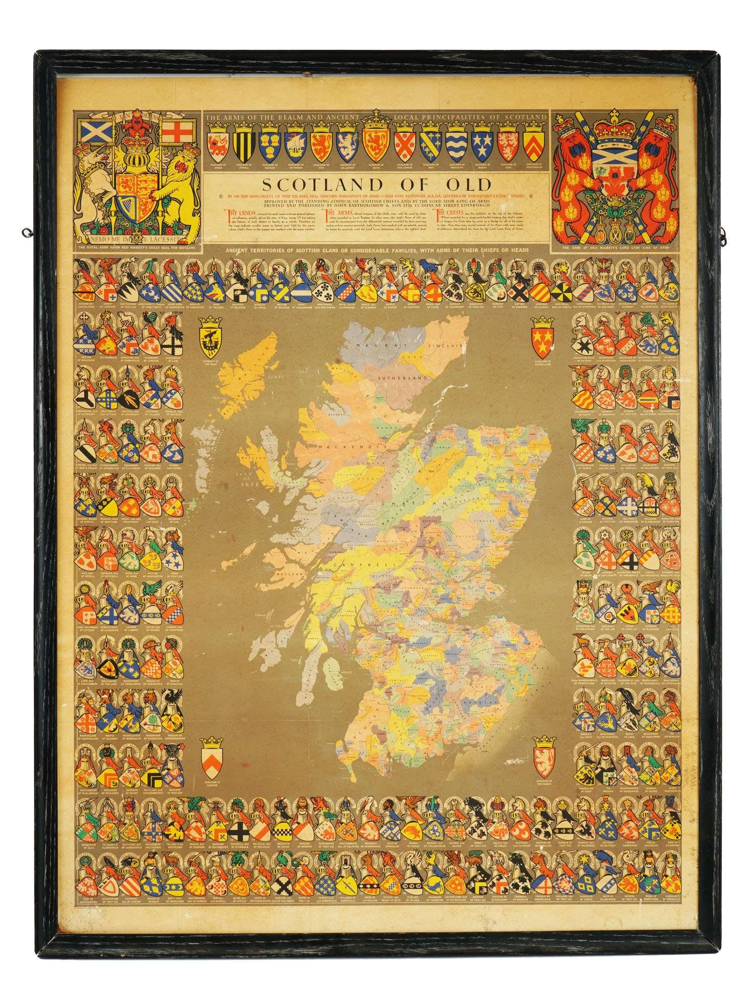 ANTIQUE HISTORICAL CLAN MAP OF MEDIEVAL SCOTLAND: An antique Historical Clan Map of Medieval Scotland. Circa the late 19th century. The mad depicts ancient territories of Scottish clans or considerable families, with arms of their chiefs or heads. Pu