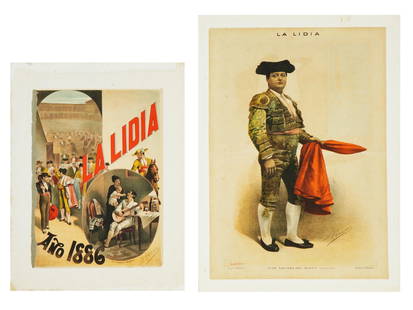 ANTIQUE BULL LA LIDIA FIGHTING MAGAZINE LITHOGRAPHS: A lot of two antique colored lithographs from La Lidia Bound Spanish Bull Fighting Magazine, 1886. The first is titled in the print Jose Sanchez Del Campo, lower to the center. Titled in the print, La