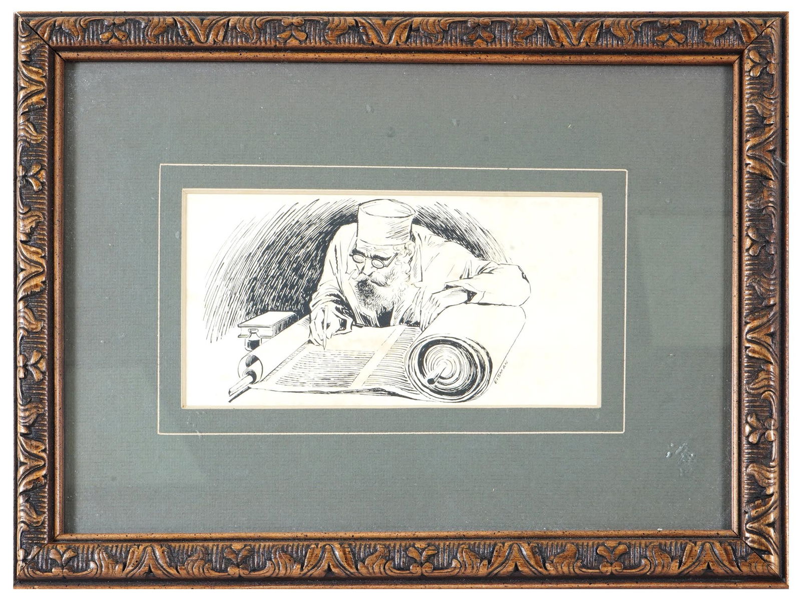 VINTAGE JUDAICA INK ON PAPER PAINTING BY EISMAN (1 of 4)