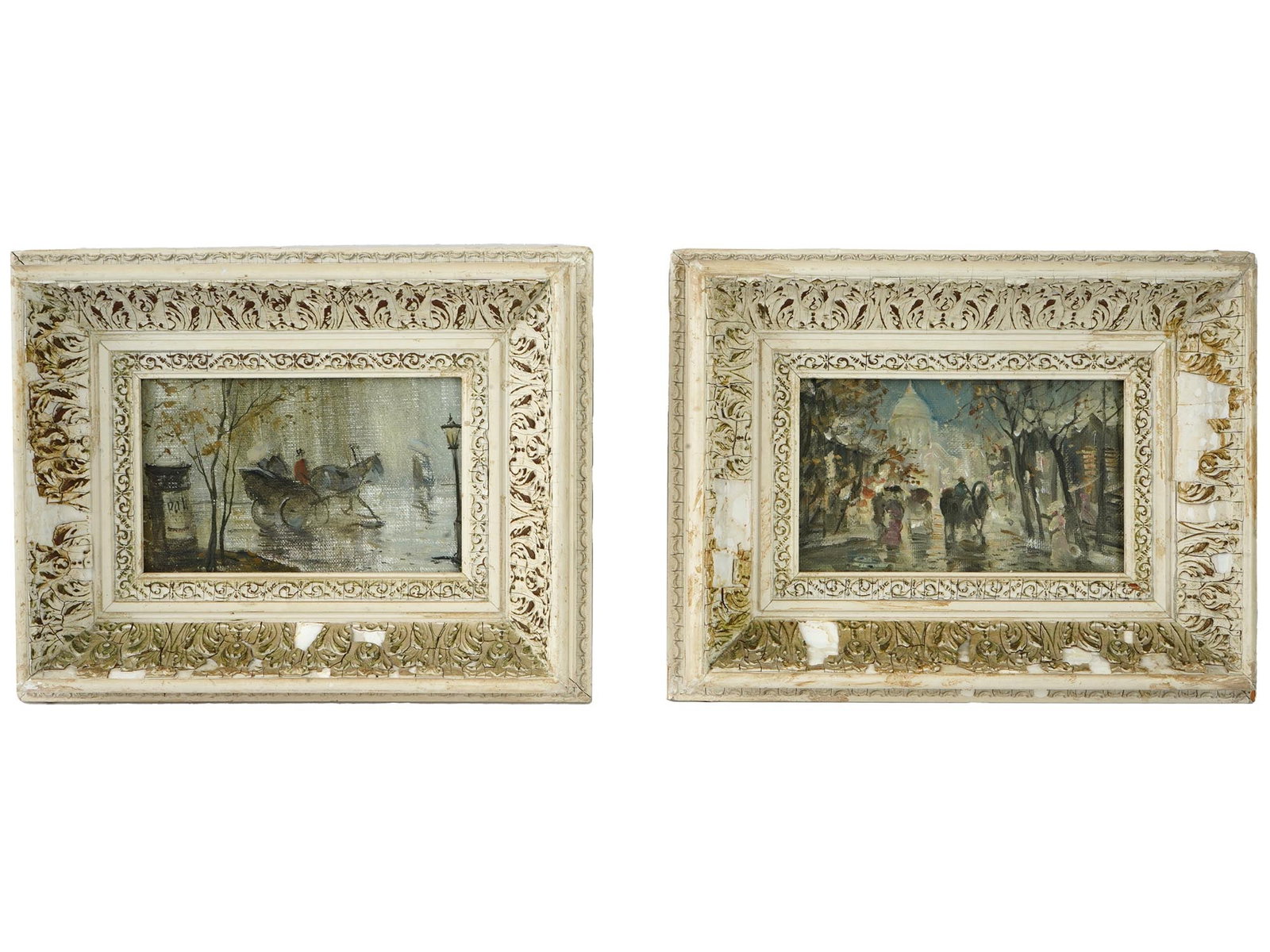 VINTAGE RUSSIAN SOVIET OIL AUTUMN CITYSCAPE PAINTINGS: A vintage Russian Soviet oil on canvas on board late autumn cityscape paintings. The paintings were painted by one artist, in one color palette. The first painting depicts part of a street with a runn