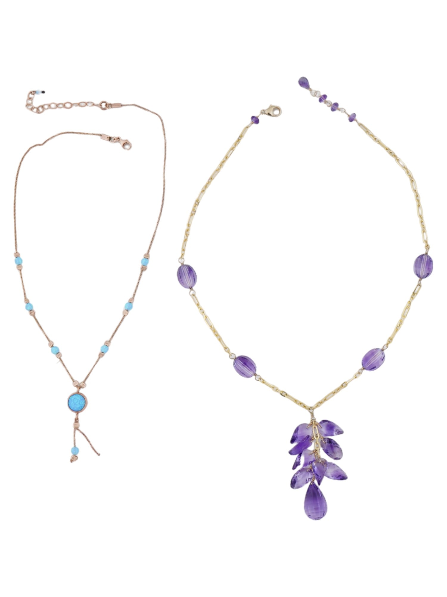 14K GOLD NECKLACES WITH AMETHYST AND TURQUOISE STONES: A lot of two 14K gold filled necklaces, each featuring distinct gemstones. The first necklace is adorned with small turquoise stones along its delicate gold chain, featuring a larger central turquoise