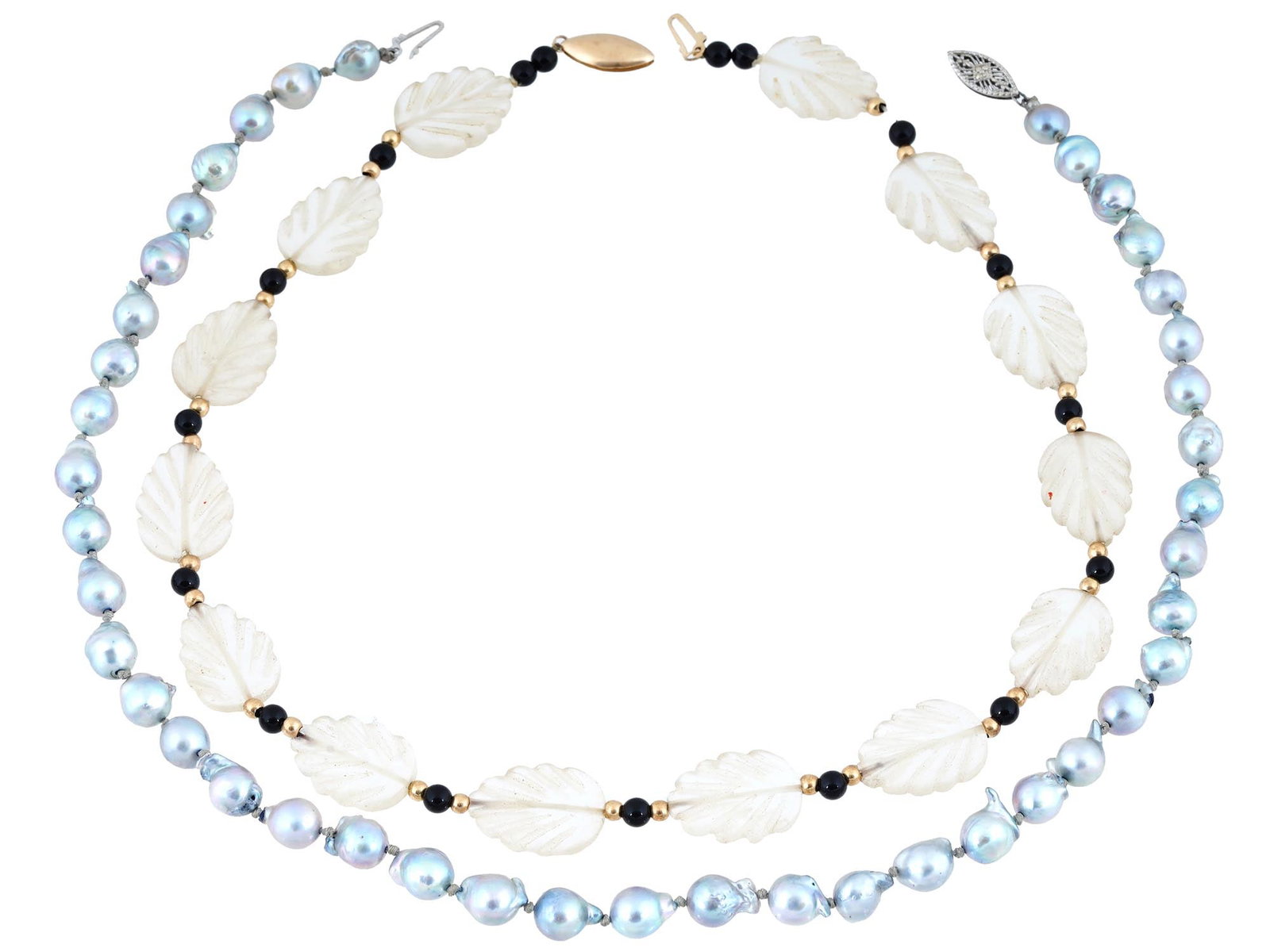 14K GOLD WITH NATURAL PEARLS ONYX AND GLASS NECKLACES: A lot of two necklaces. The first necklace showcases lustrous natural pearls. The second necklace combines striking black onyx beads with glass elements, featuring intricately carved leaves that add a