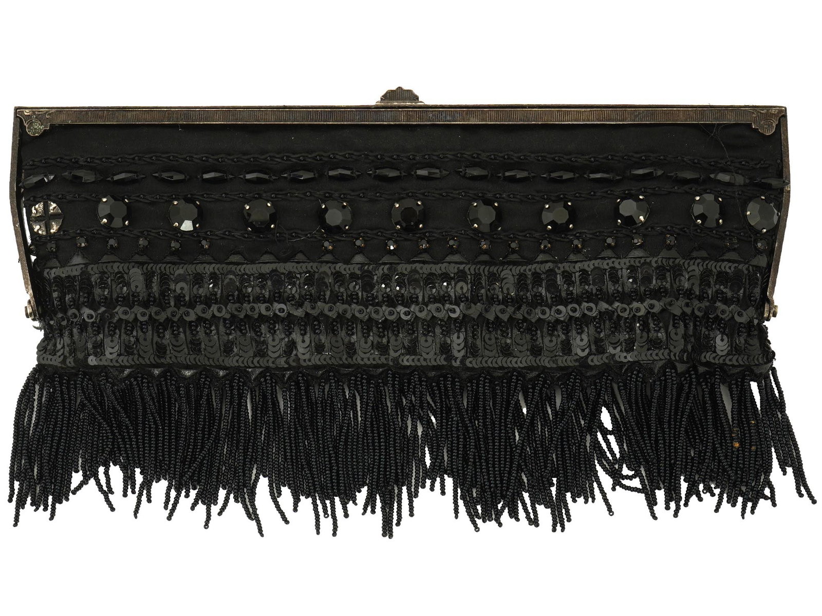 VINTAGE AMERICAN BADGLEY MISCHKA BLACK CLUTCH: A vintage American Badgley Mischka black clutch bag with beads. Black fabric clutch with metal fittings embroidered with beads of different sizes and fringe at the bottom. Marked with a label Badgley 