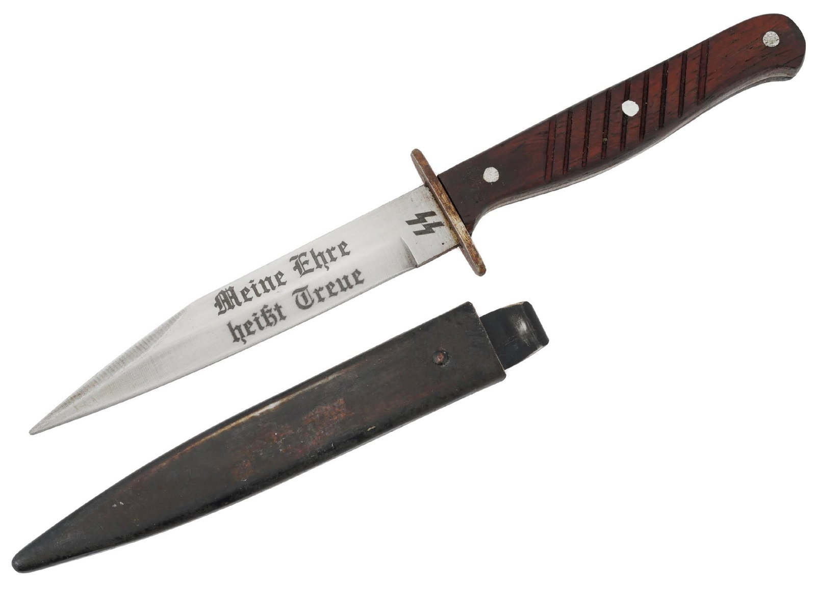 WWII TYPE NAZI SS GERMAN BOOT KNIFE WITH SCABBARD: A WWII type Nazi German boot knife with a brown wooden handle and a clip back steel scabbard. Marked with an engraved image of an eagle holding a swastika, RZM and 1941. On the other side an inscripti