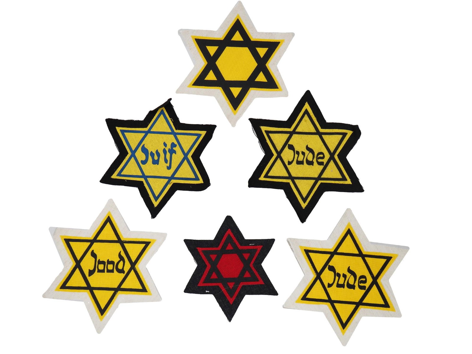 WWII TYPE HOLOCAUST JEWISH MAGEN DAVID ARMBANDS: A lot of six World War II type fabric armbands with the Star of David. Two of the items have inscription Jew in German, one in French, and one in Hebrew. Second World War Historical Collectables And M