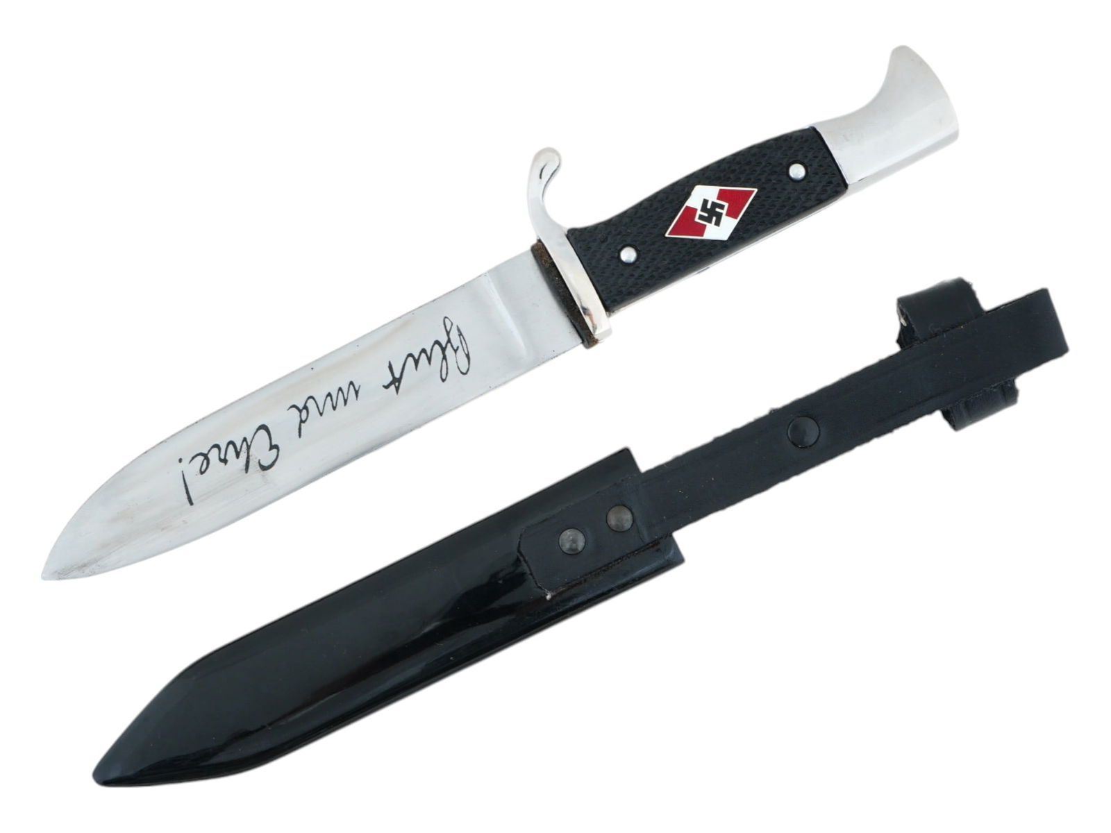 WWII TYPE GERMAN HITLER YOUTH DAGGER BY SOLINGEN: A World War II model German stainless steel dagger. Hitlerjugend emblem overlay on the handle. Etched motto Blut und Ehre, Blood and Honor on the blade. Marked Anton Wingen Jr., Solingen on the blade.