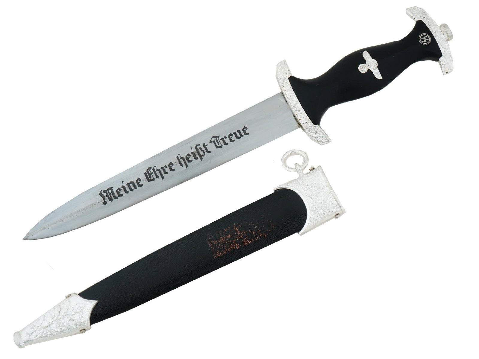WWII TYPE GERMAN SS HONOR DAGGER BY EICKHORN SOLINGEN: A World War II model Nazi German SS Ehrendolch, or honor dagger. The stainless steel blade is garnished with etching, the motto Meine Ehre Heisst Treue, Loyalty is My Honour, on the recto side, inscri