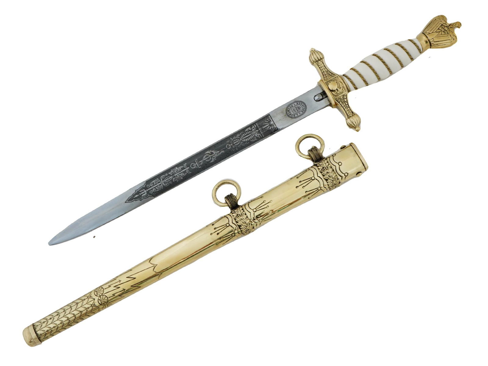 WWII MODEL GERMAN KRIEGSMARINE OFFICERS DAGGER: A WWII type Nazi German naval officers dagger, Kriegsmarine Offizier Dolch. The nickel-plated steel blade is two-edged and has decorative etching with marine ornaments. Hallmark E. Bonsmann Solingen i