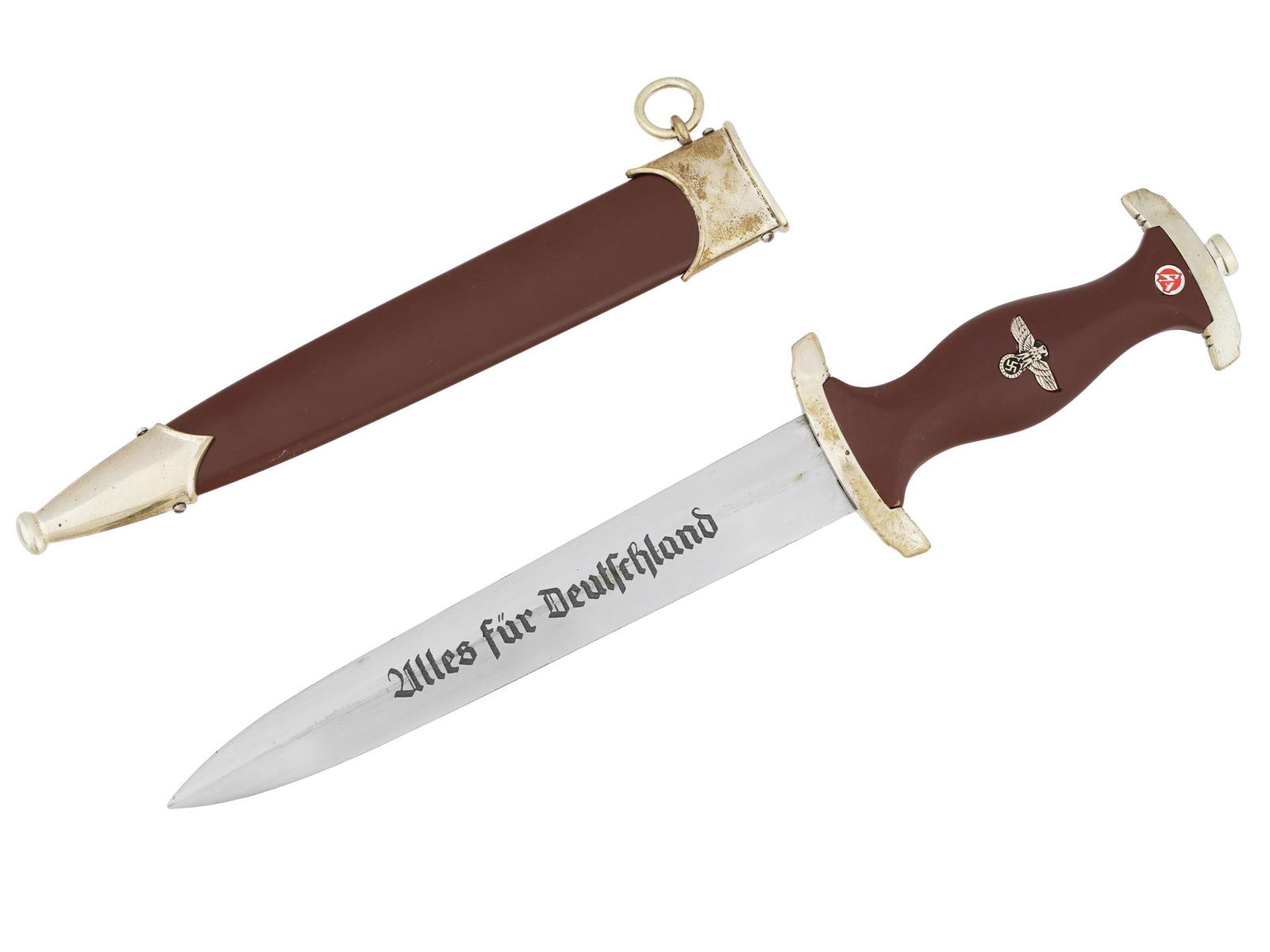 GERMAN WWII TYPE SA DAGGER BY BOKER SOLINGEN: A WWII type Nazi German Third Reich SA dagger. The double edged steel blade of the dagger is engraved with the motto in German, Alles Fur Deutschland, Everything for Germany. The dagger features a fru